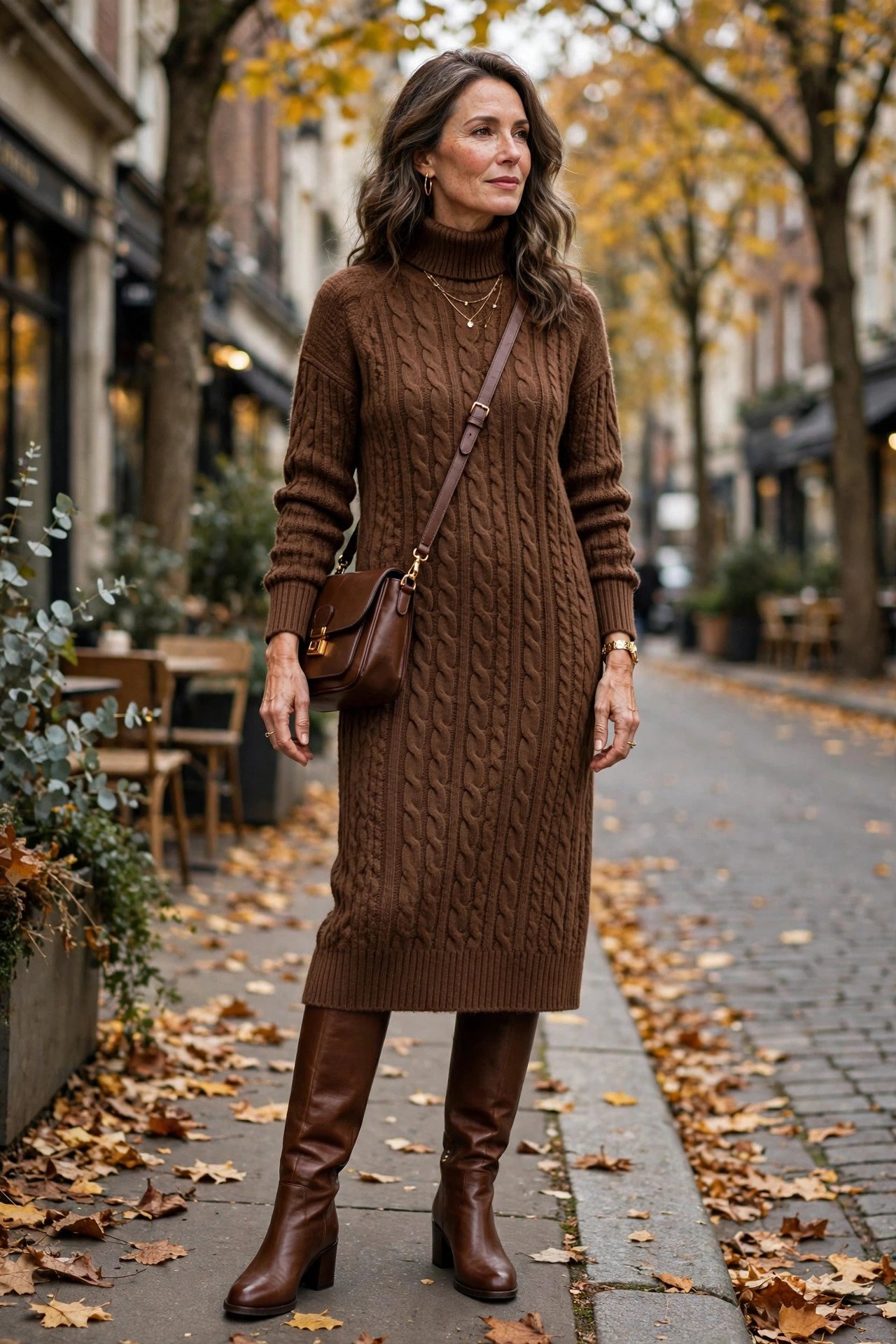 Woman in a walnut sweater dress with knee-high boots