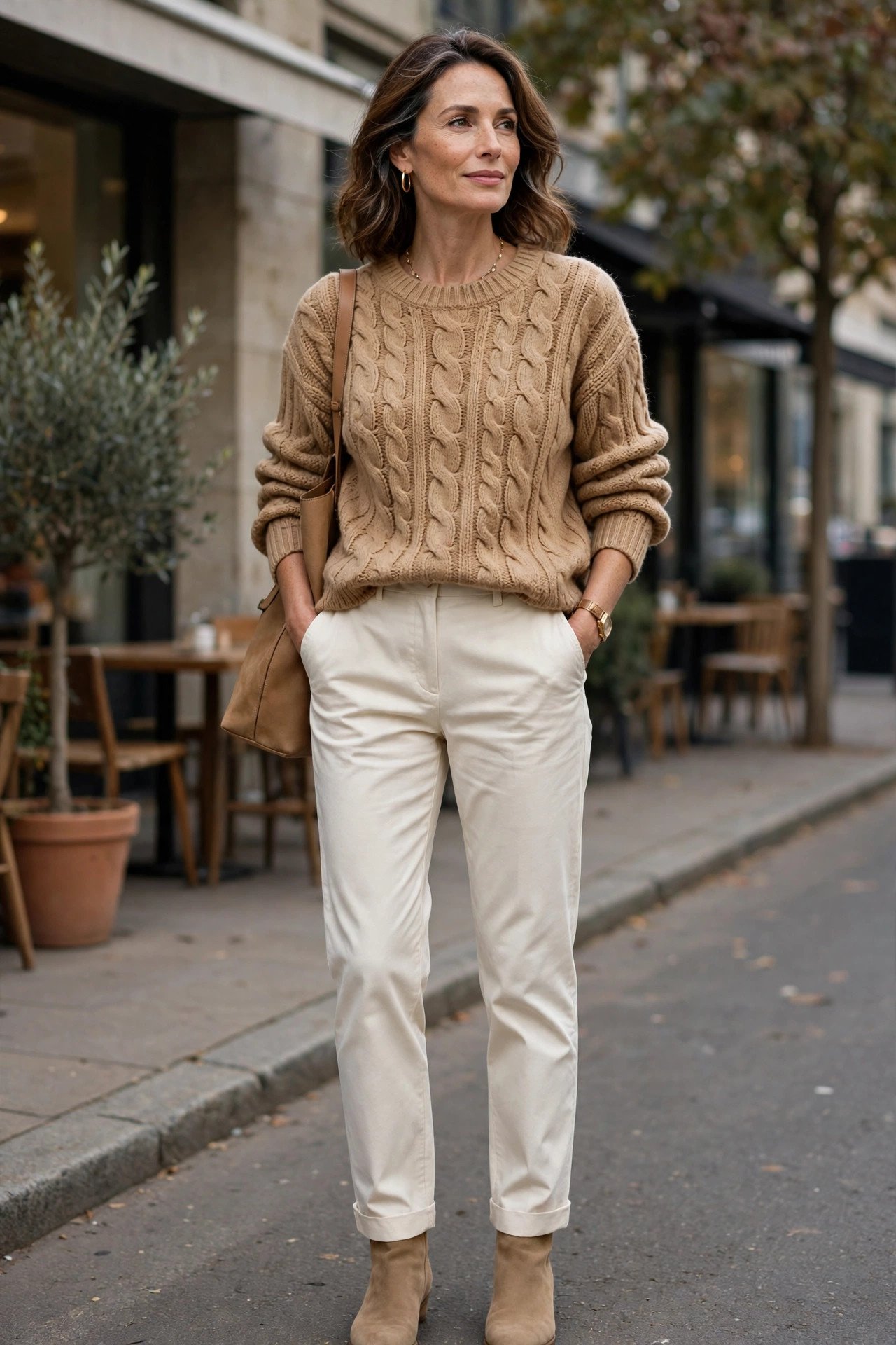 Woman wearing a tan cable-knit sweater with cream chinos