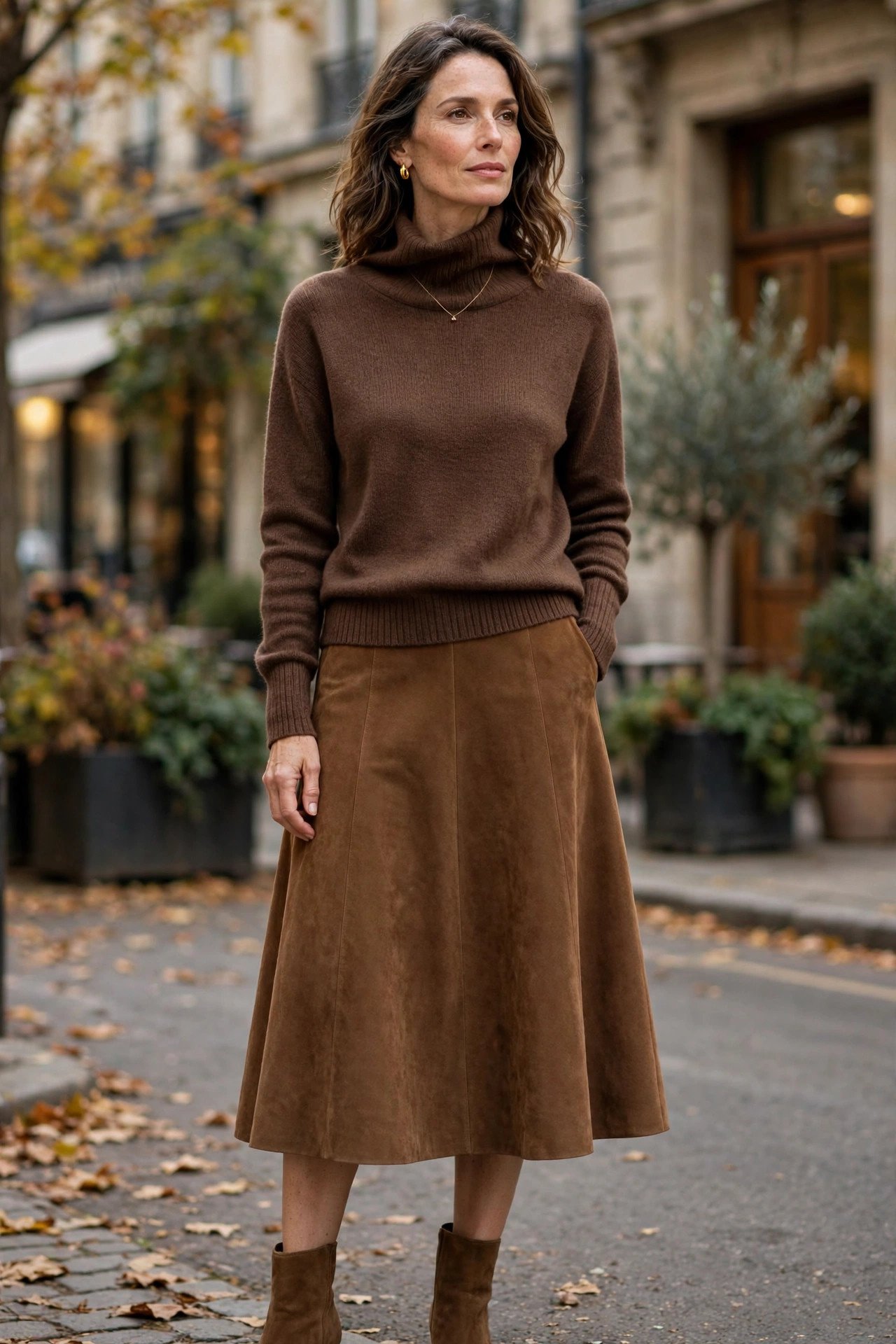 Woman in a brown funnel-neck sweater with an A-line skirt