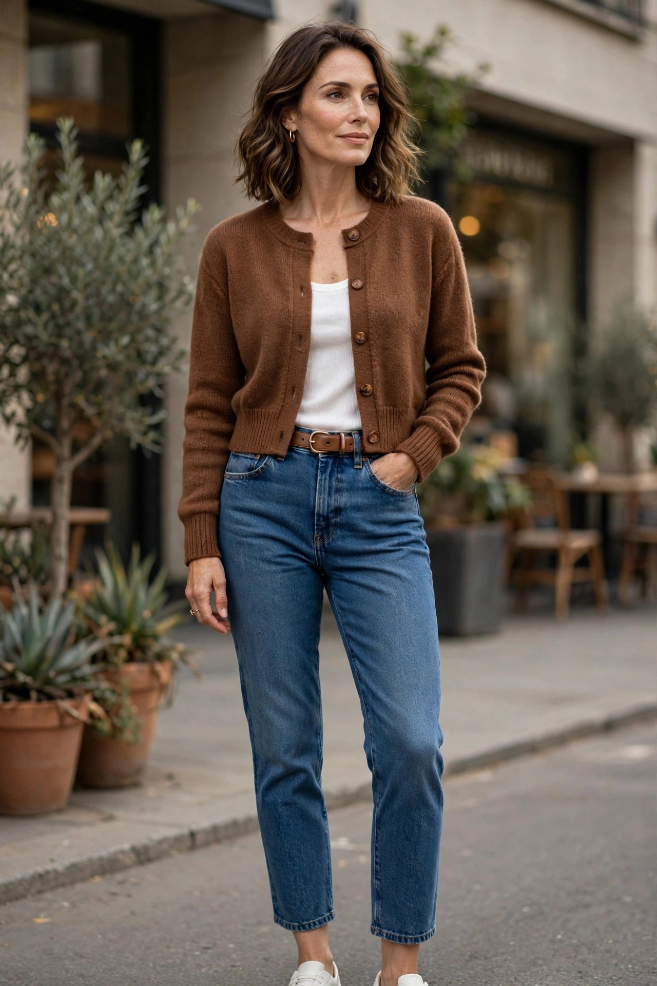 Woman wearing a chestnut cropped cardigan with high-waist jeans
