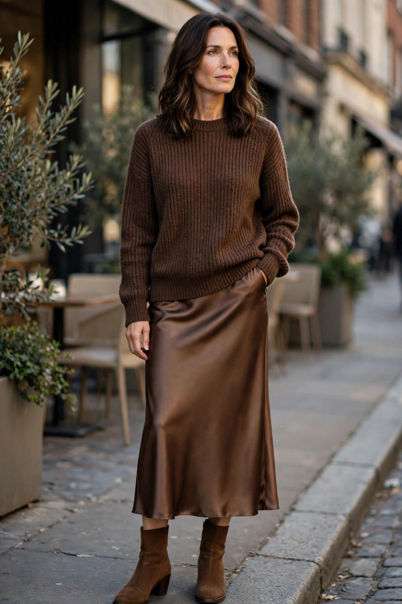 Woman in a brown ribbed sweater with a satin slip skirt