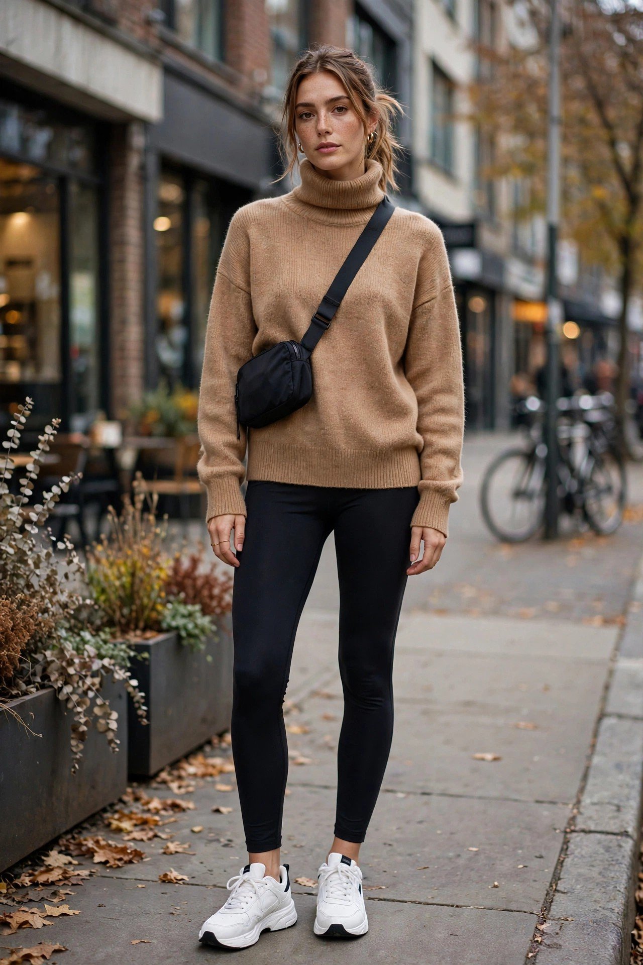 Woman in a camel turtleneck with black leggings