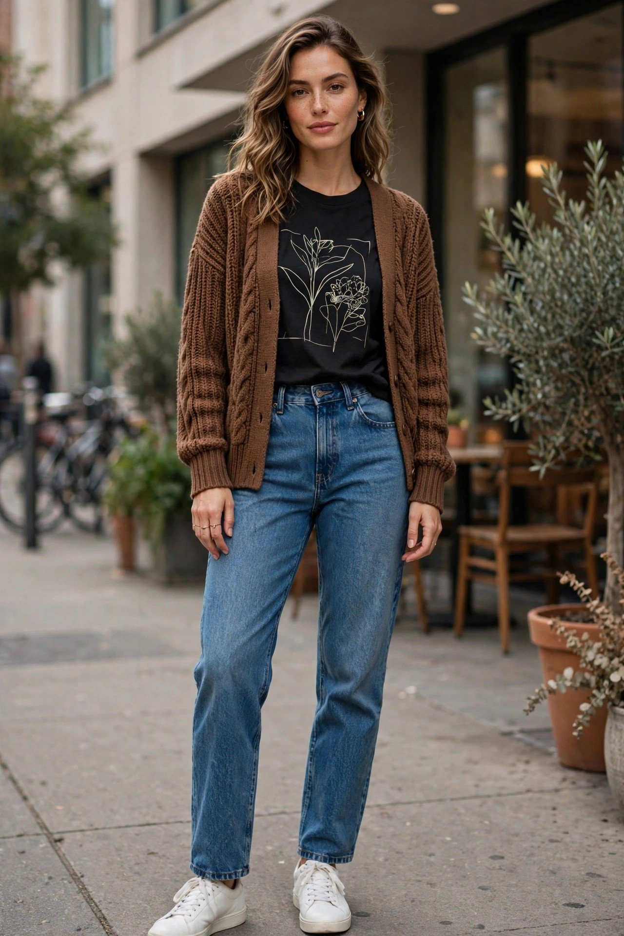Woman wearing a brown cardigan over a graphic tee with jeans
