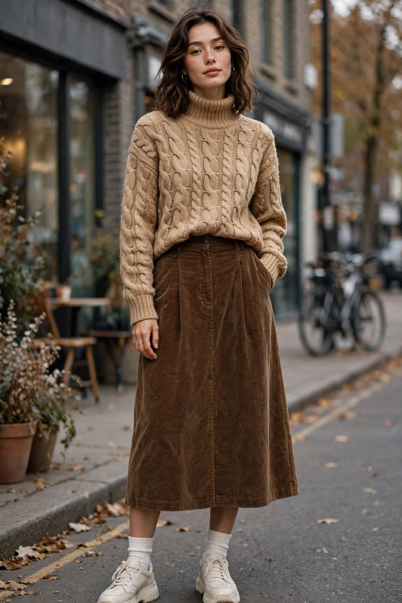 Woman wearing a tan cable-knit sweater with a corduroy skirt