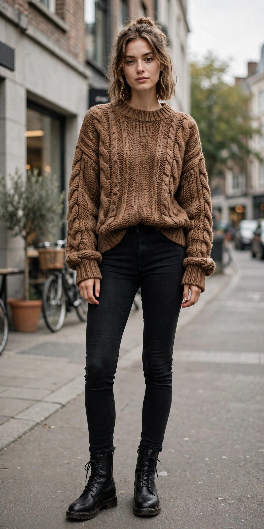 Woman in a sepia chunky knit sweater with black skinny jeans