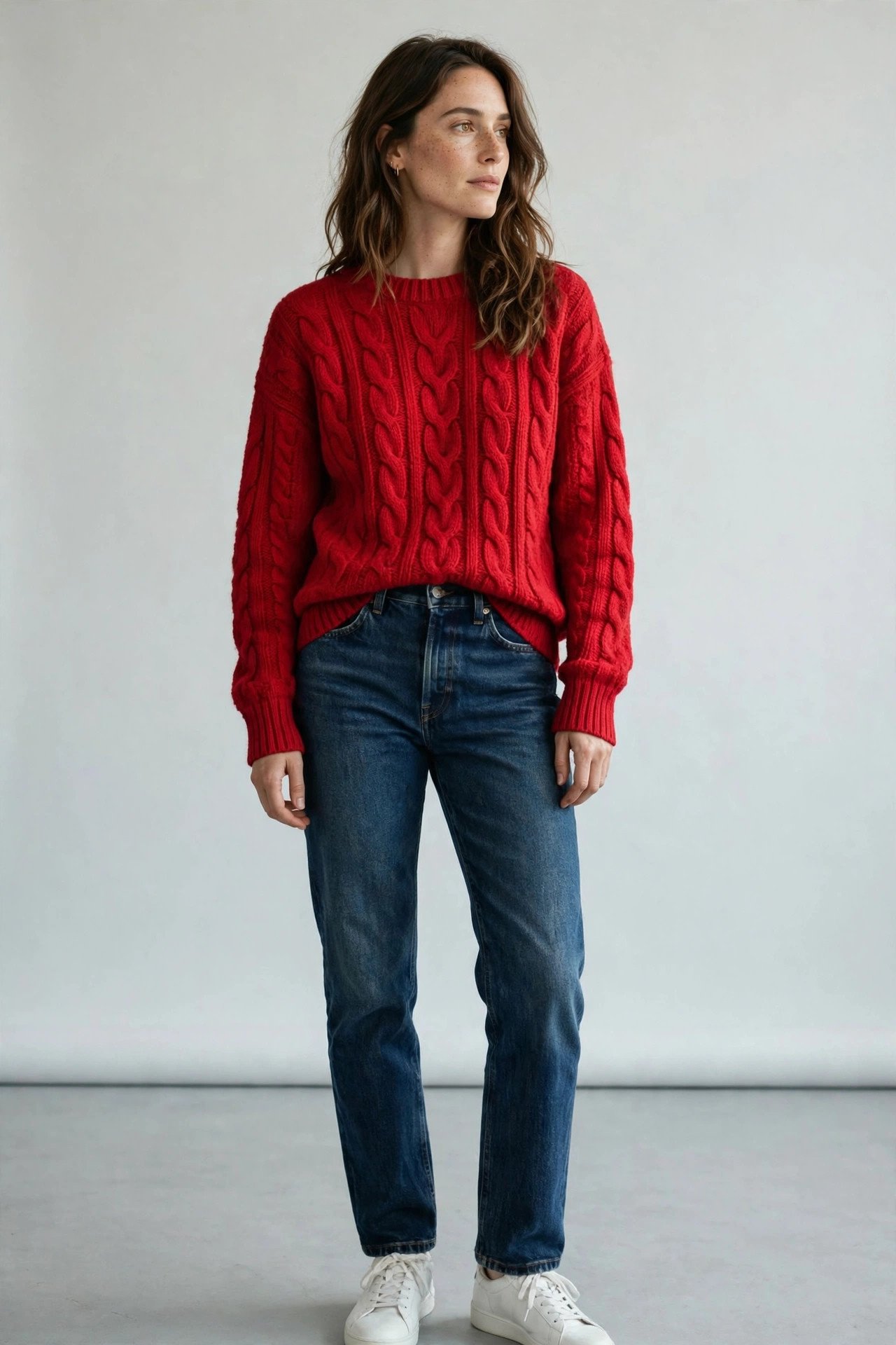 Woman in red cable-knit sweater and dark-wash jeans