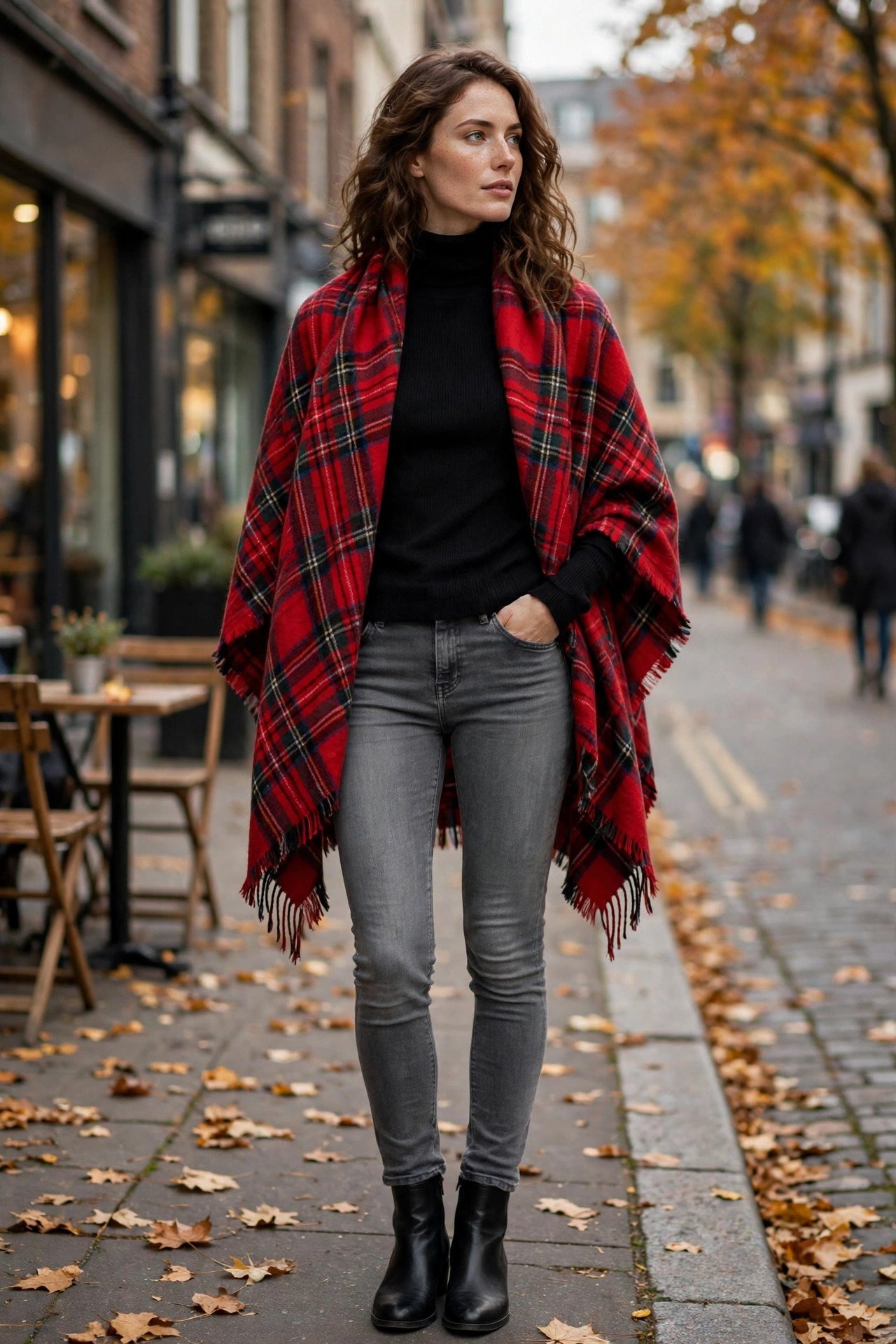 Woman in black turtleneck, grey jeans and plaid scarf