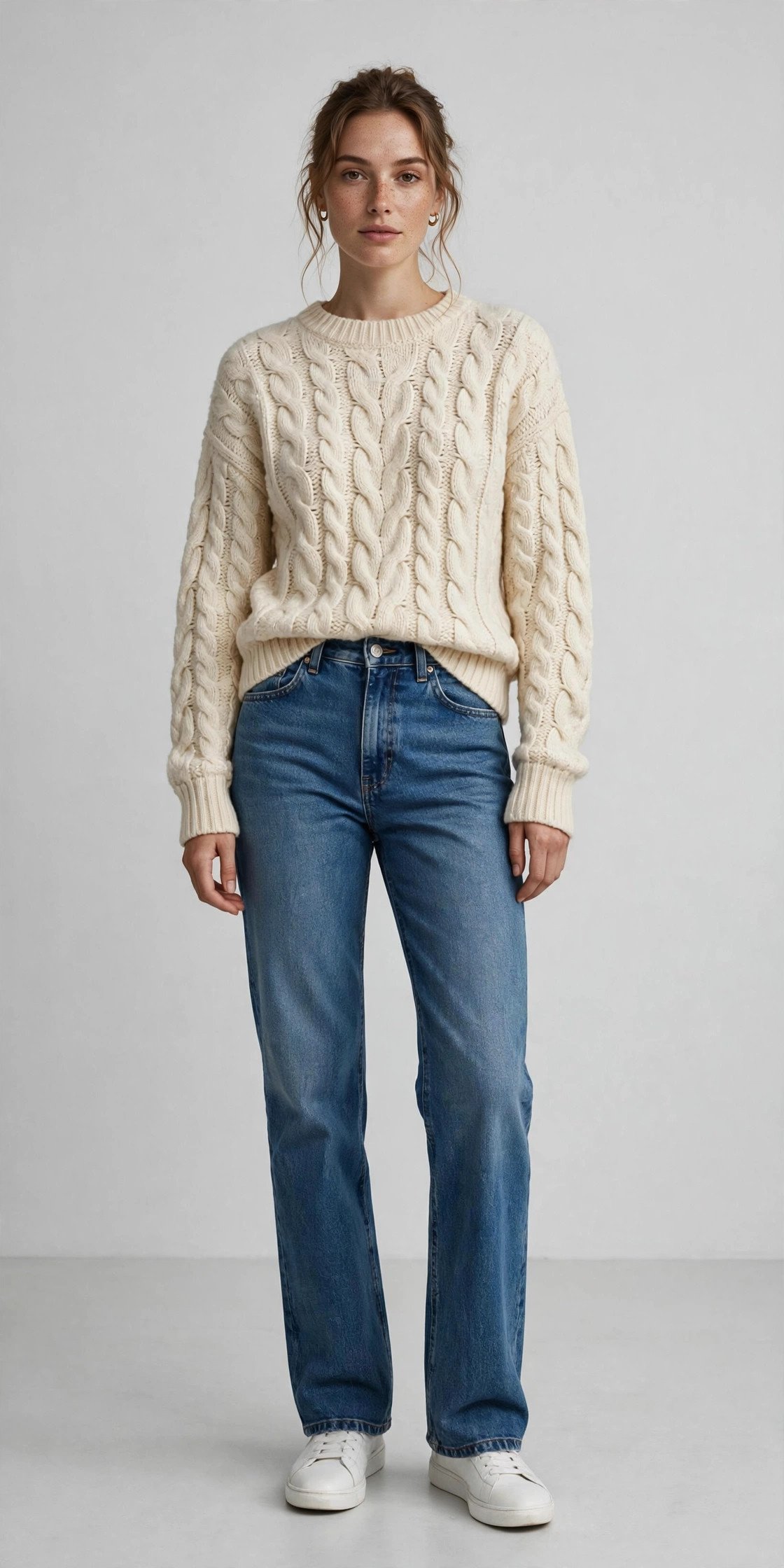 Woman in cream knit sweater tucked into high-rise jeans