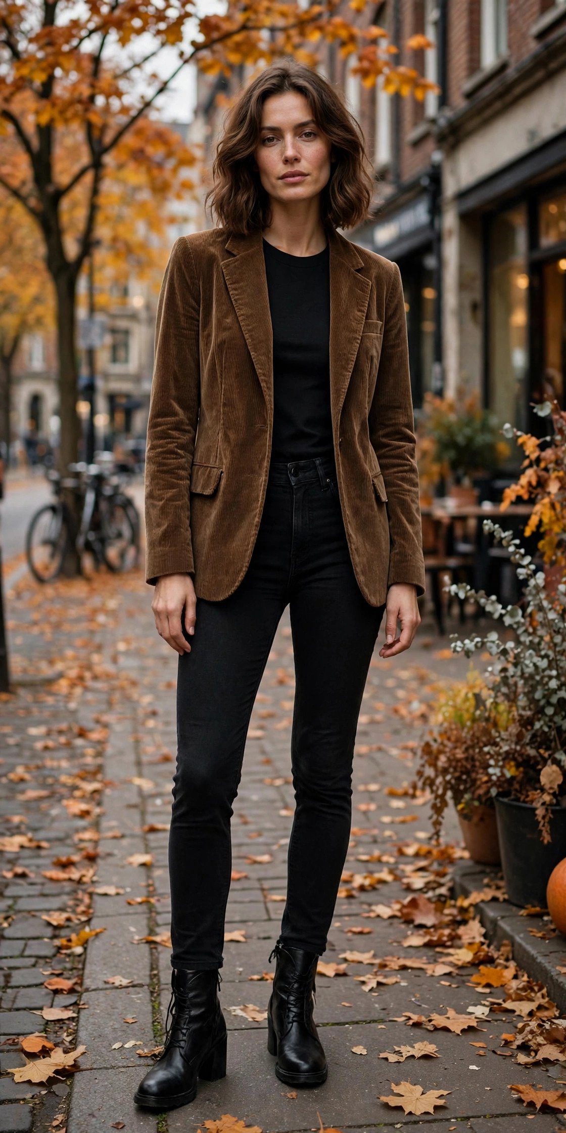 Woman in corduroy blazer, black jeans and ankle boots