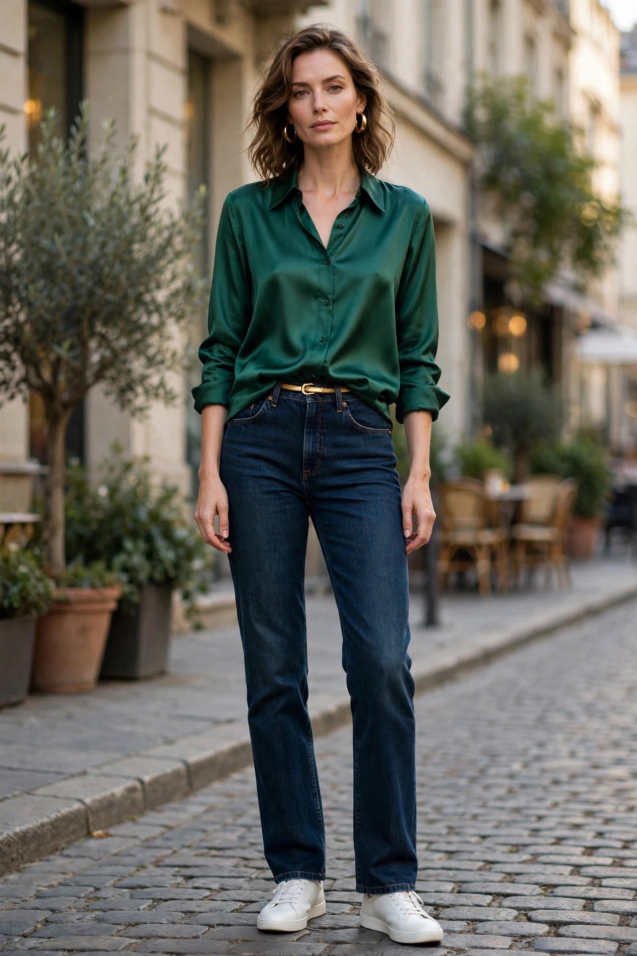 Woman in emerald silk shirt with dark jeans