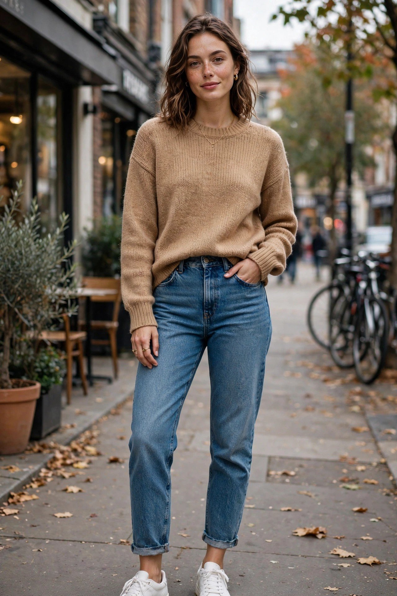 Woman wearing a brown turtleneck with skinny jeans and ankle boots
