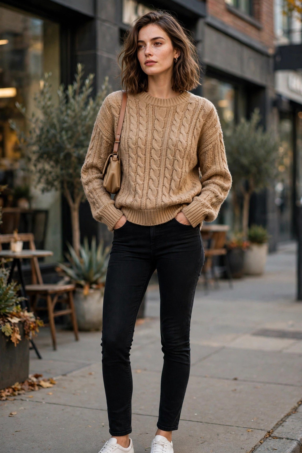 Woman wearing a chocolate cardigan with boyfriend jeans and loafers