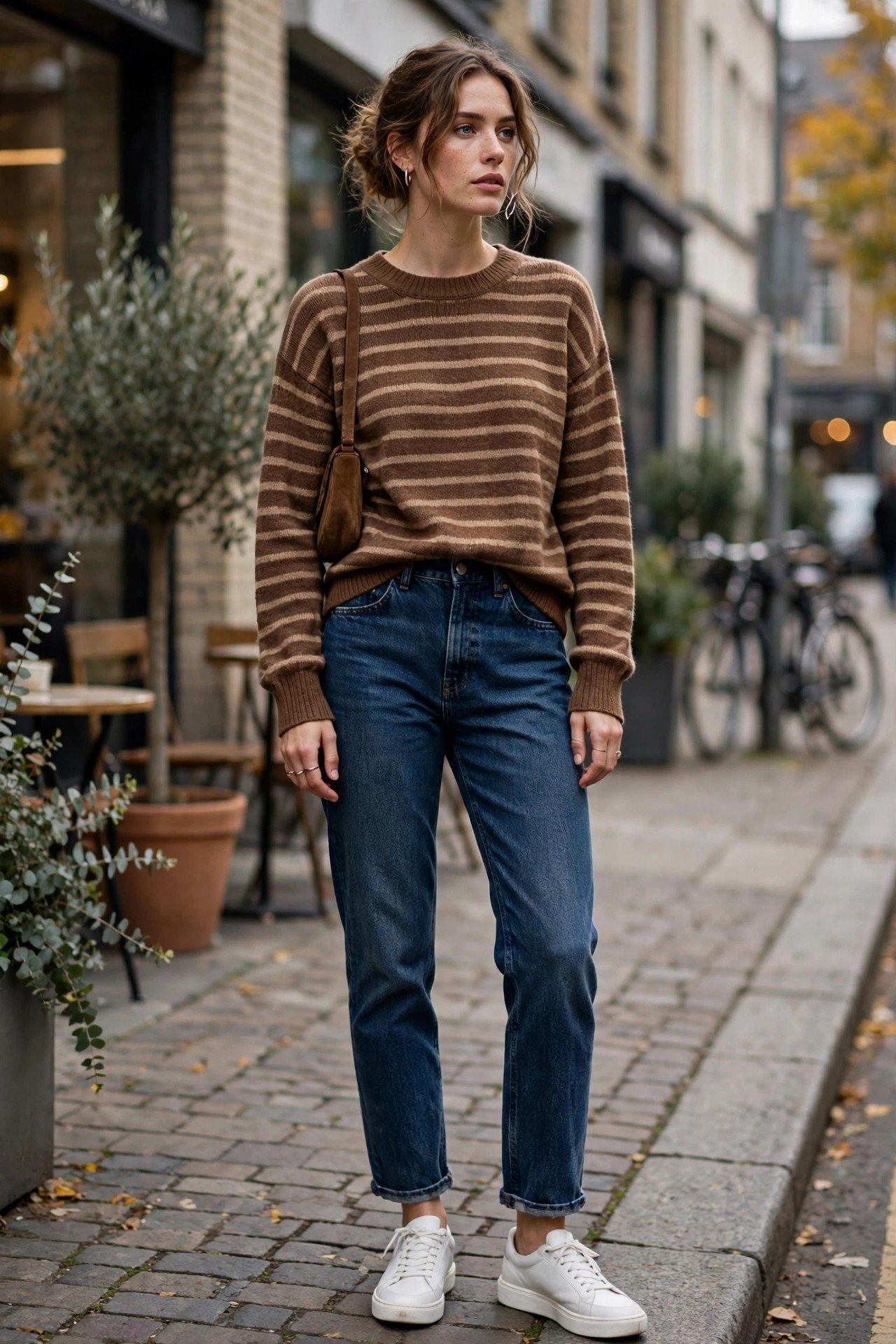 Woman in a cinnamon wrap sweater with bootcut jeans