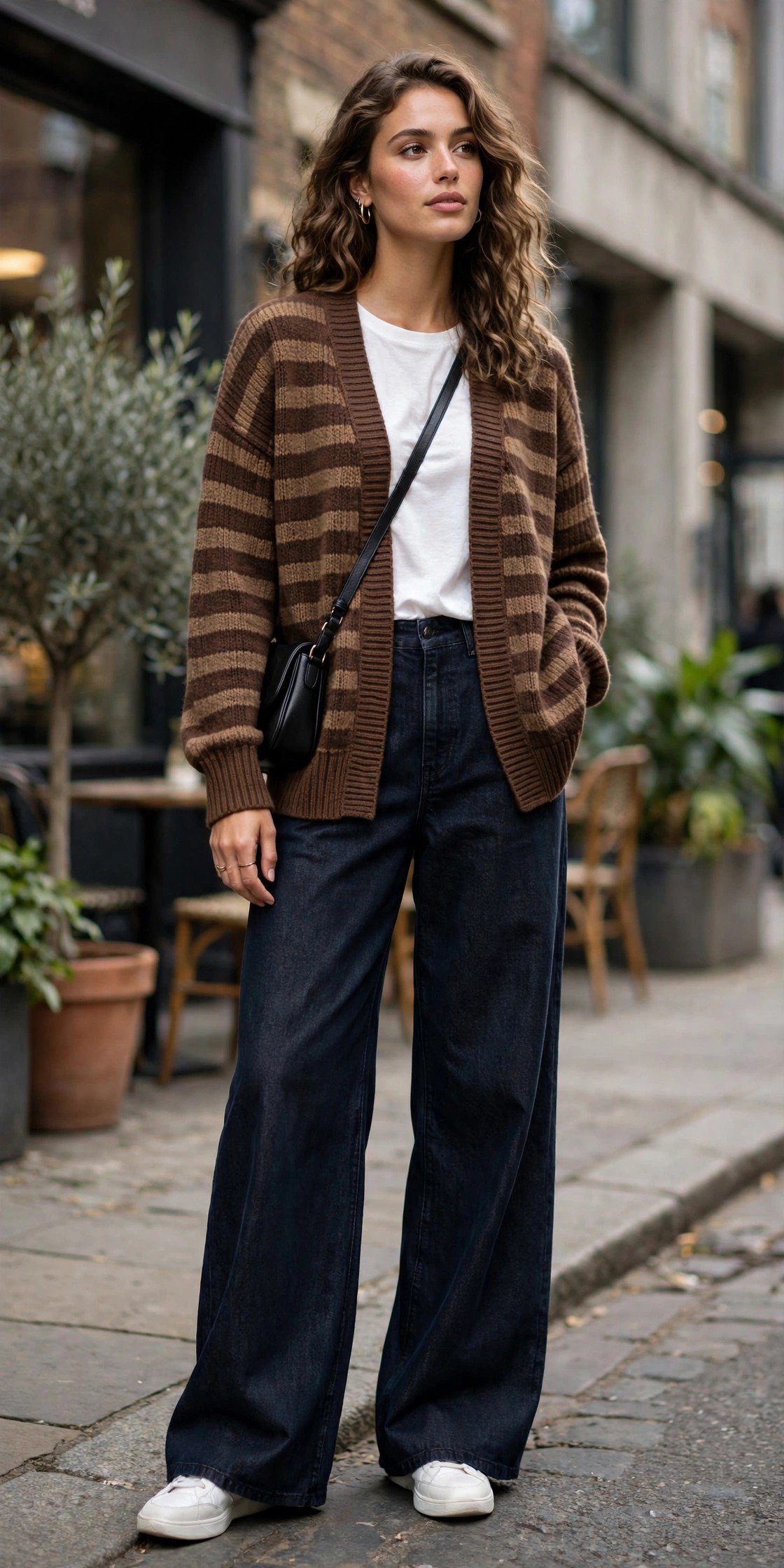 Woman in a brown striped sweater with classic blue jeans