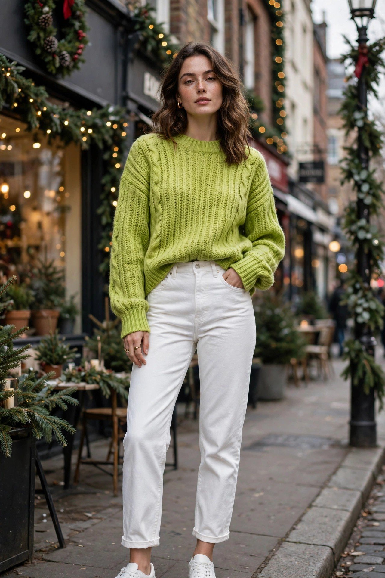 Woman wearing an emerald chunky knit sweater with black leather pants