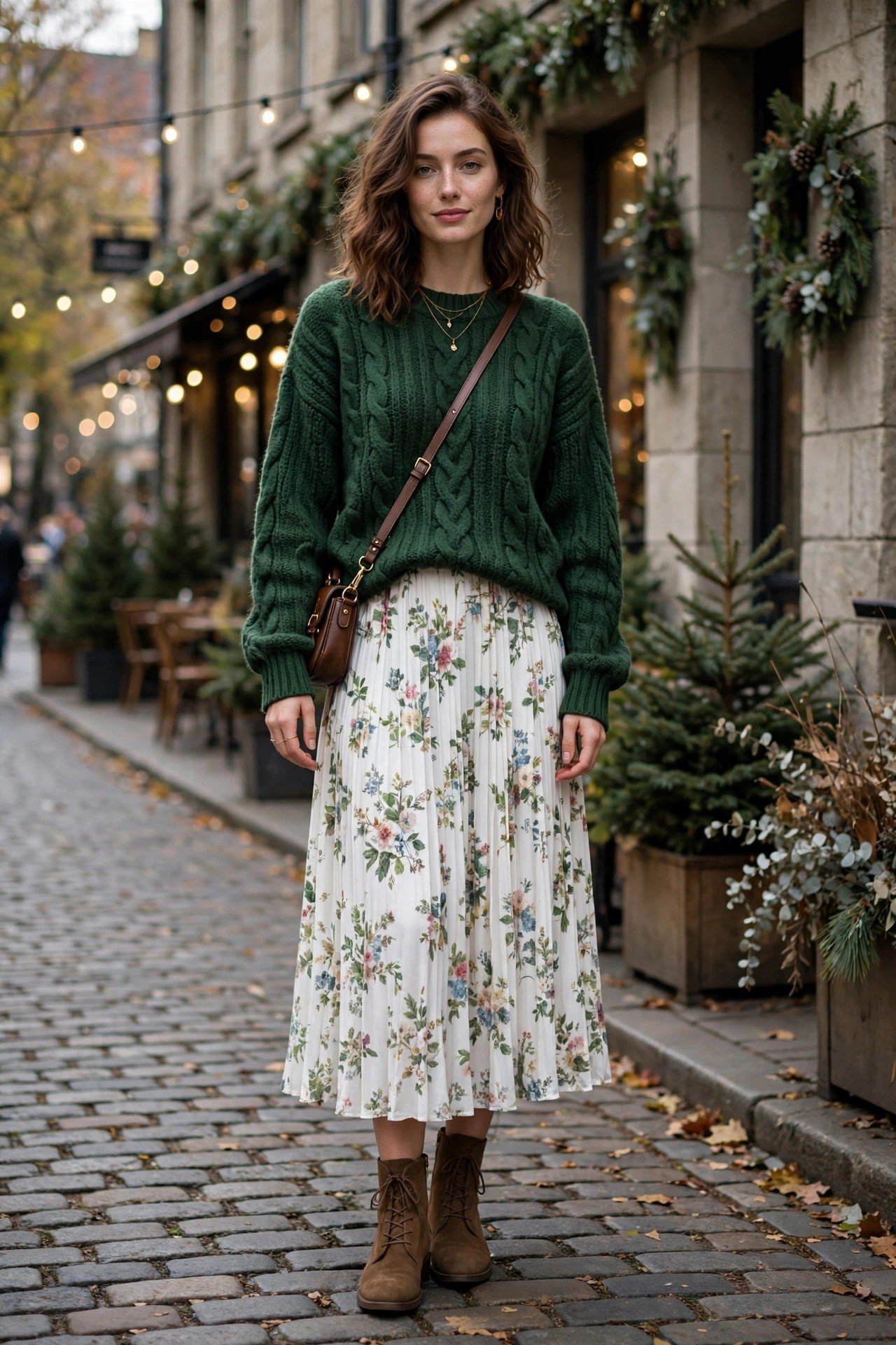 Woman in a forest green turtleneck with a plaid skirt
