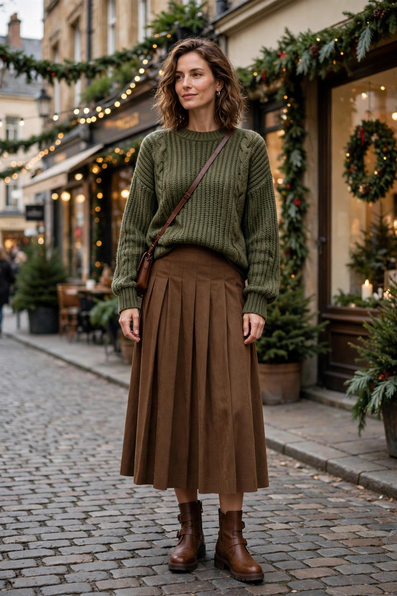 Woman wearing a sage cardigan with white jeans