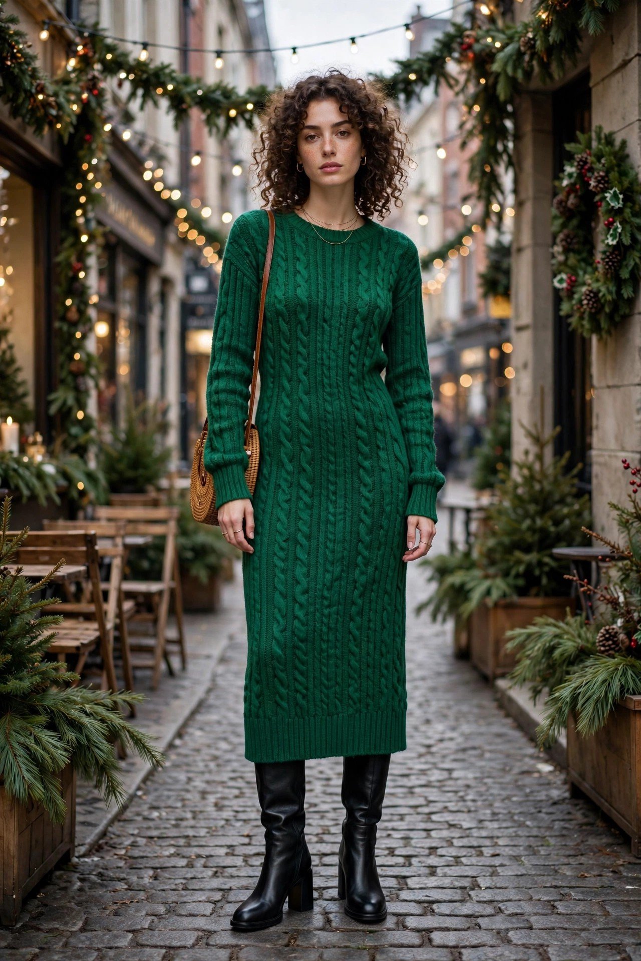 Woman in a pine green mock-neck sweater with a satin skirt