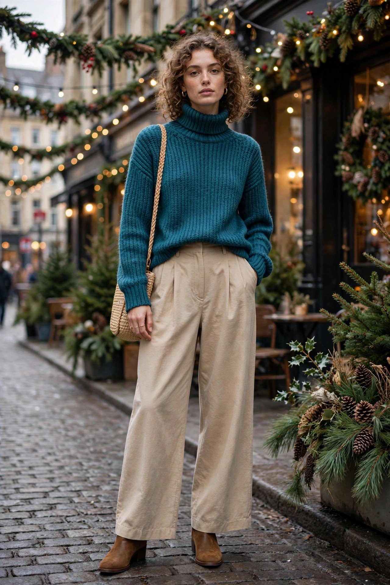 Woman in a moss green oversized sweater with leggings and boots