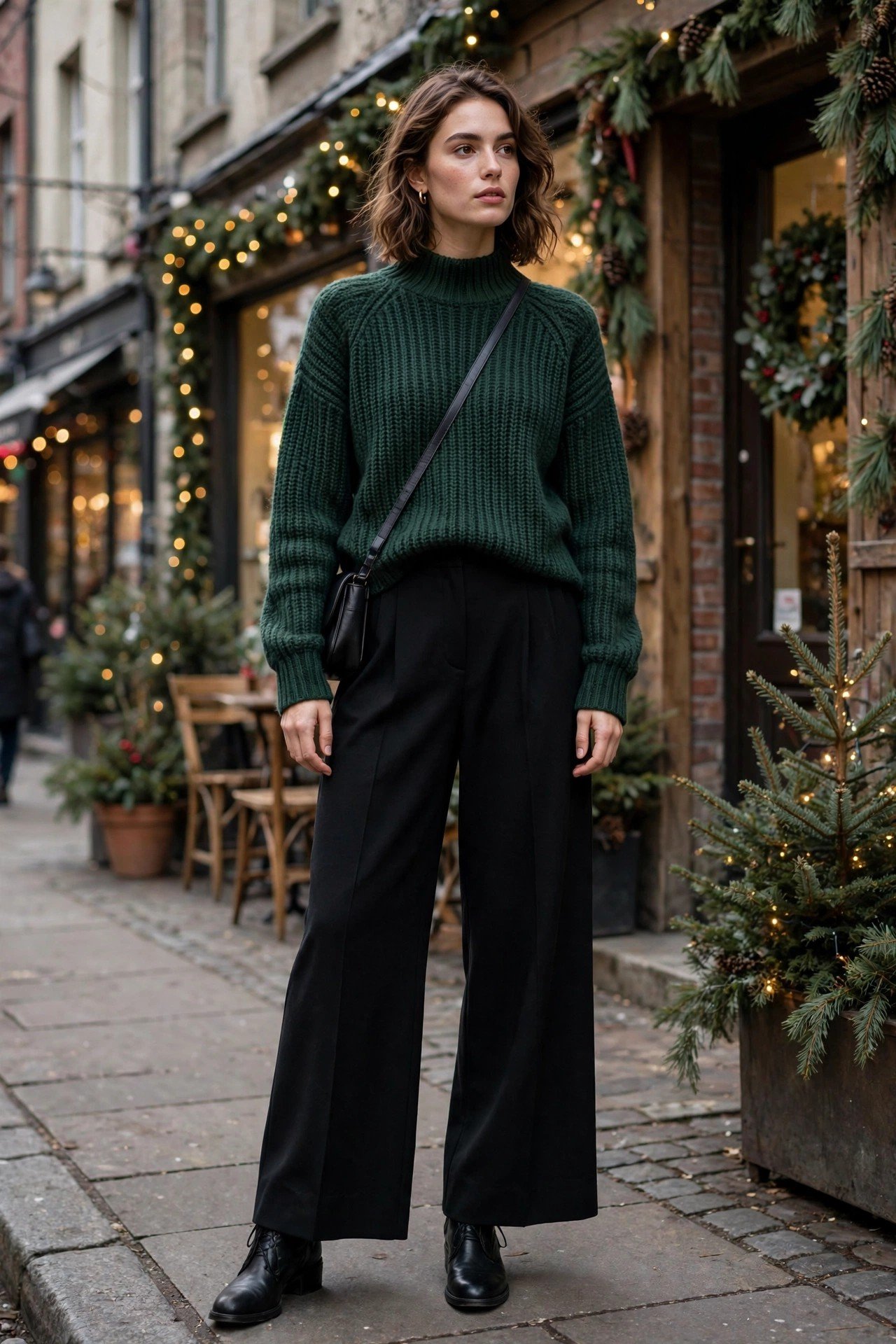 Woman wearing a deep teal-green sweater with wide-leg pants