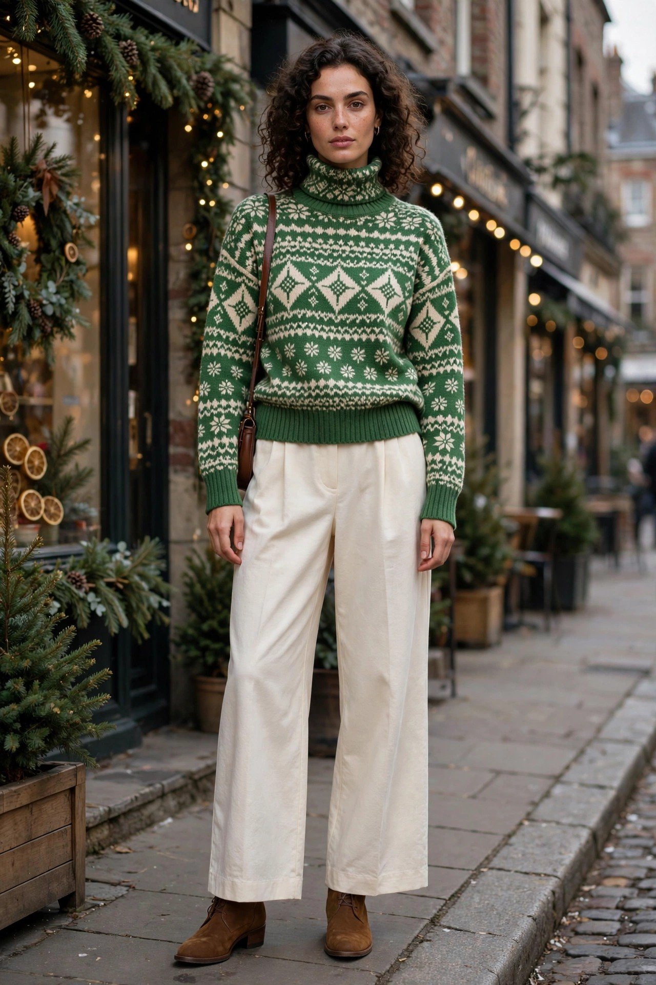 Woman wearing a green fair isle sweater with jeans