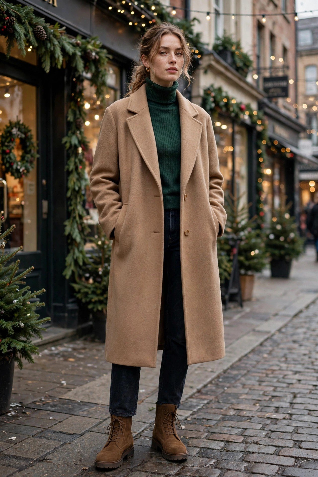 Woman in an army green sweater with cargo pants