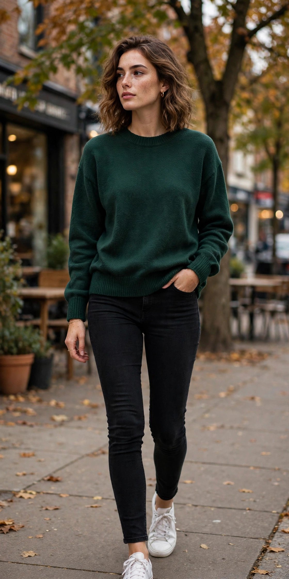 Woman in green sweater with black jeans