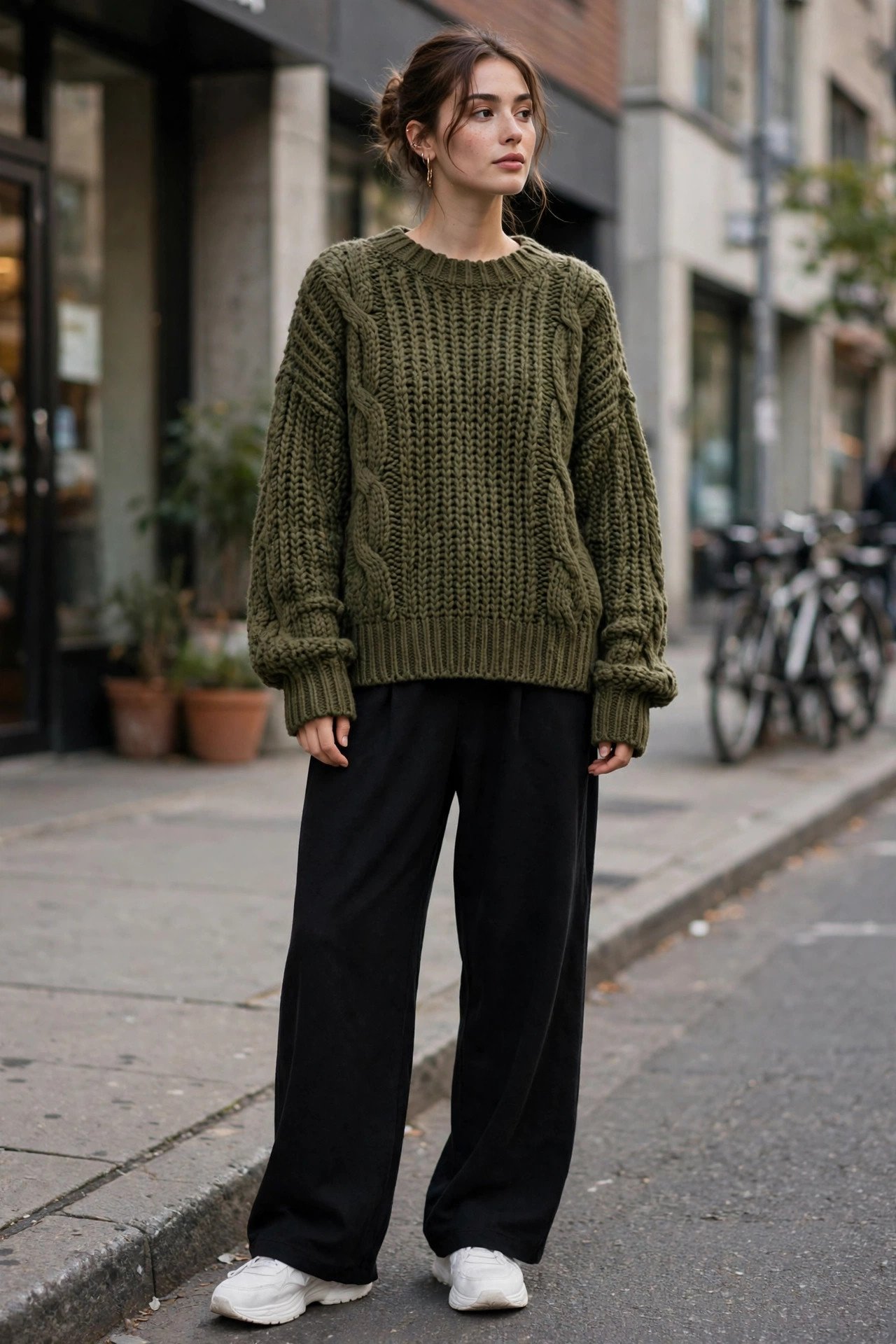Woman in green sweater with black pants street style