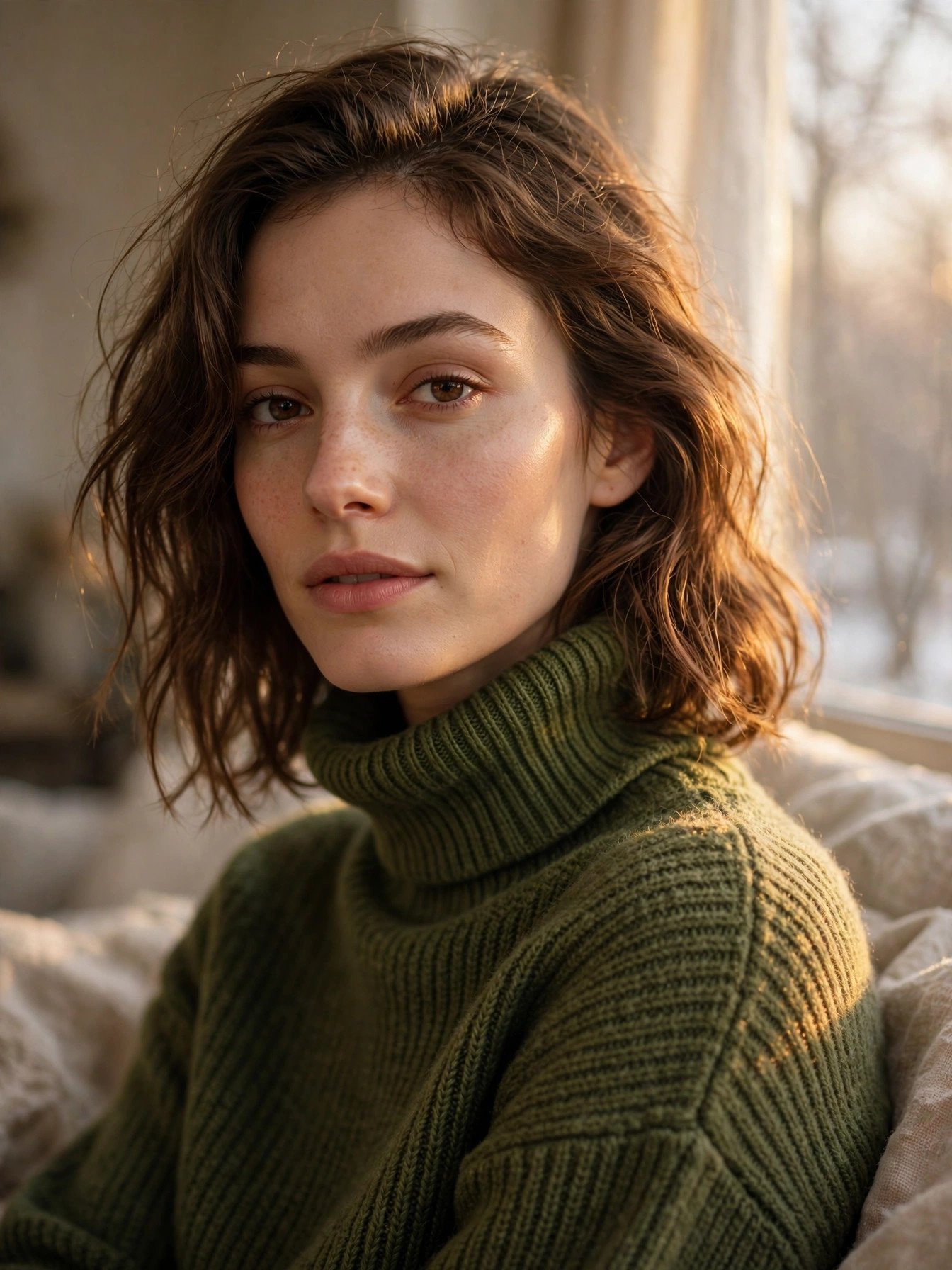 Woman in moss green turtleneck near a window