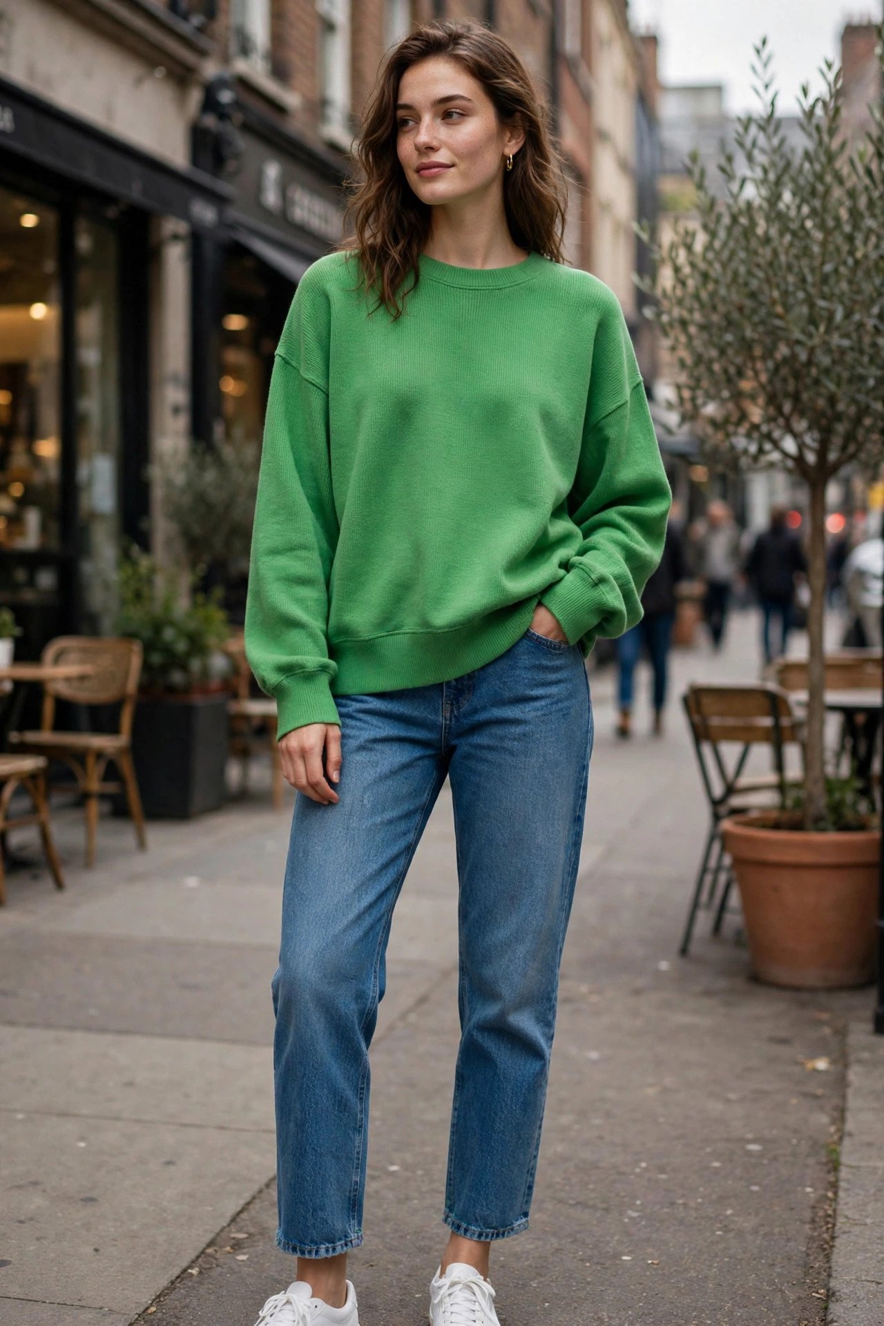 Woman in kelly green sweater leaning on a table