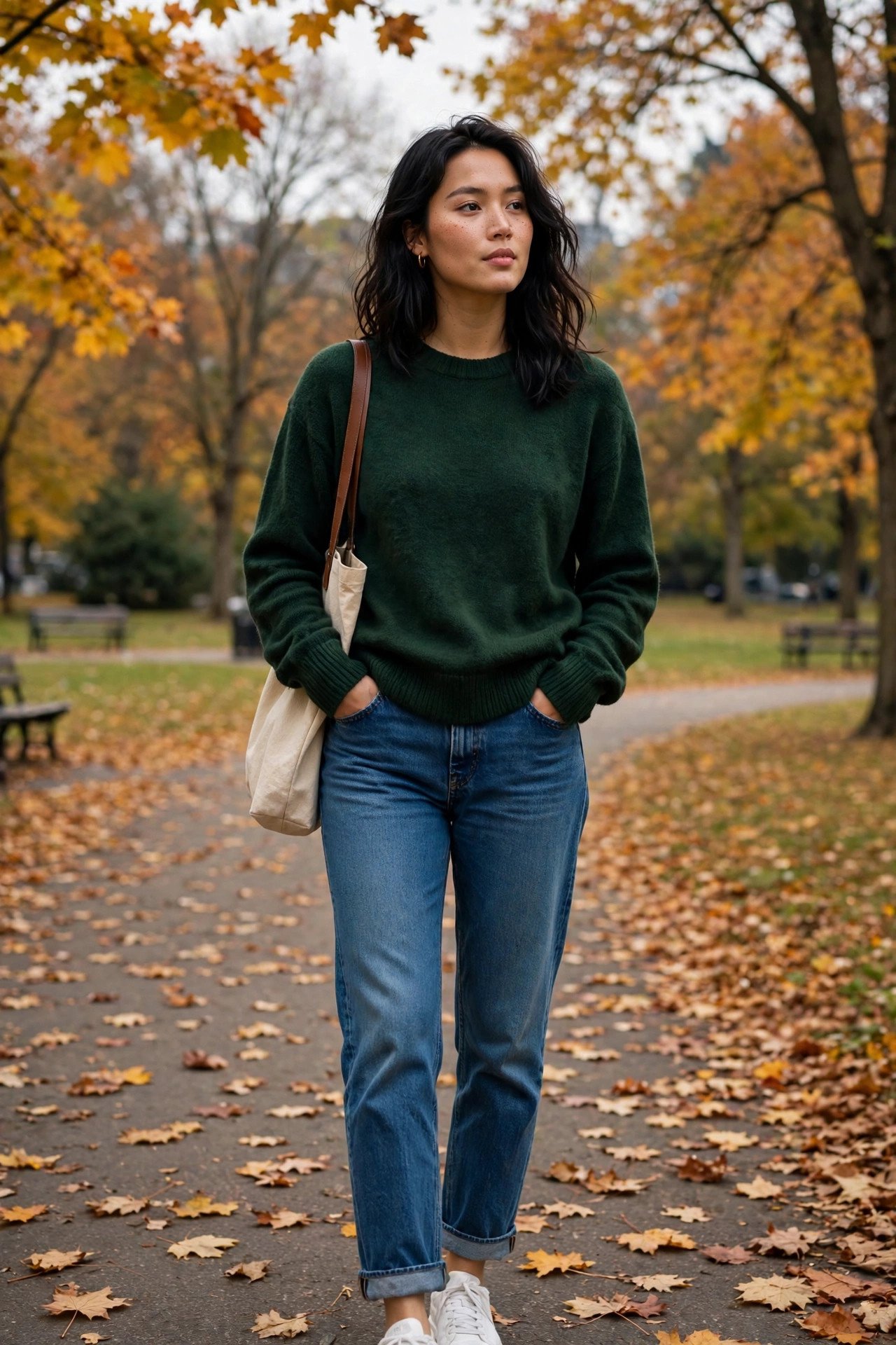 Woman in deep green sweater outdoors