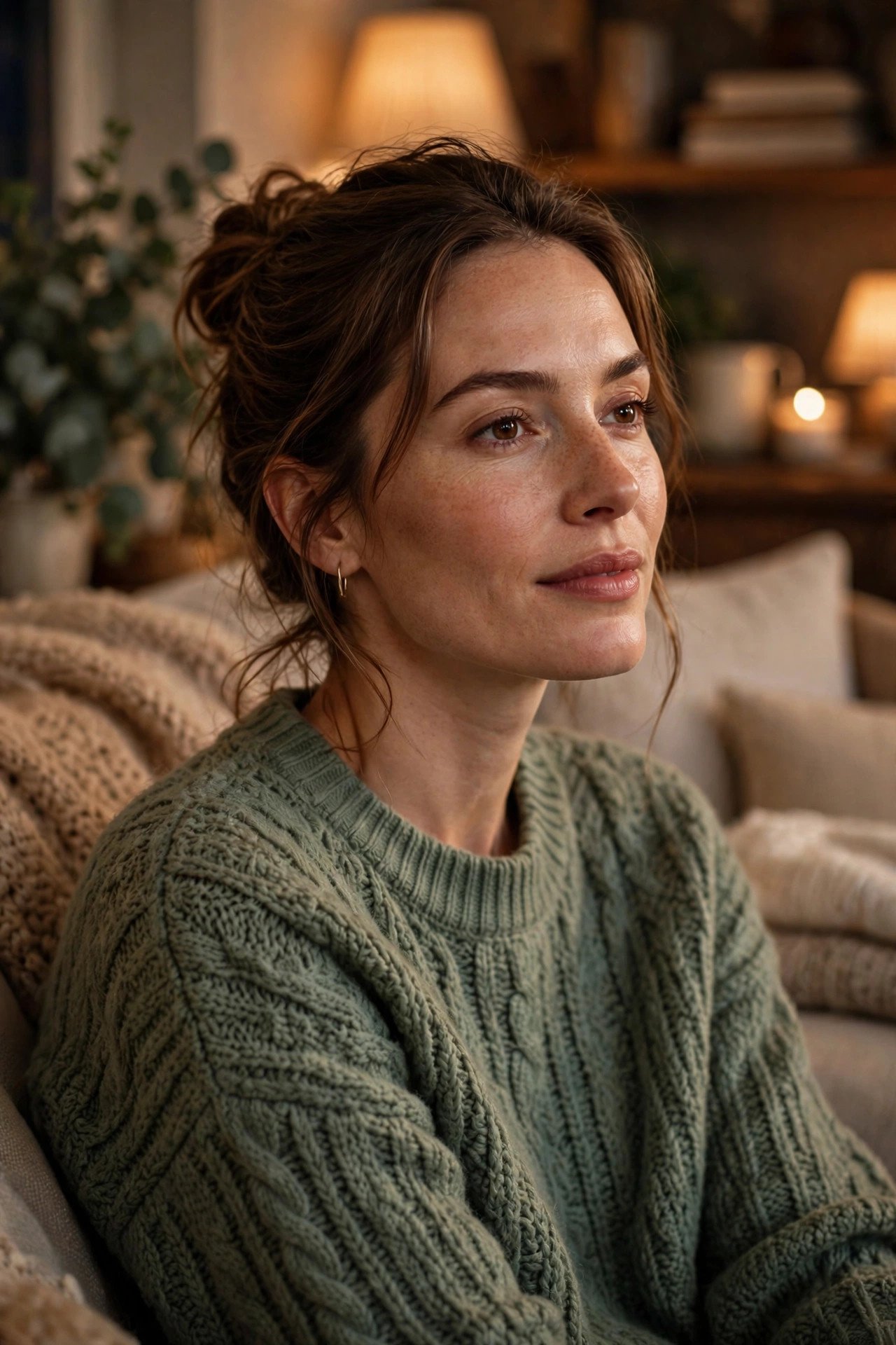 Woman in soft fern green sweater relaxing on the floor