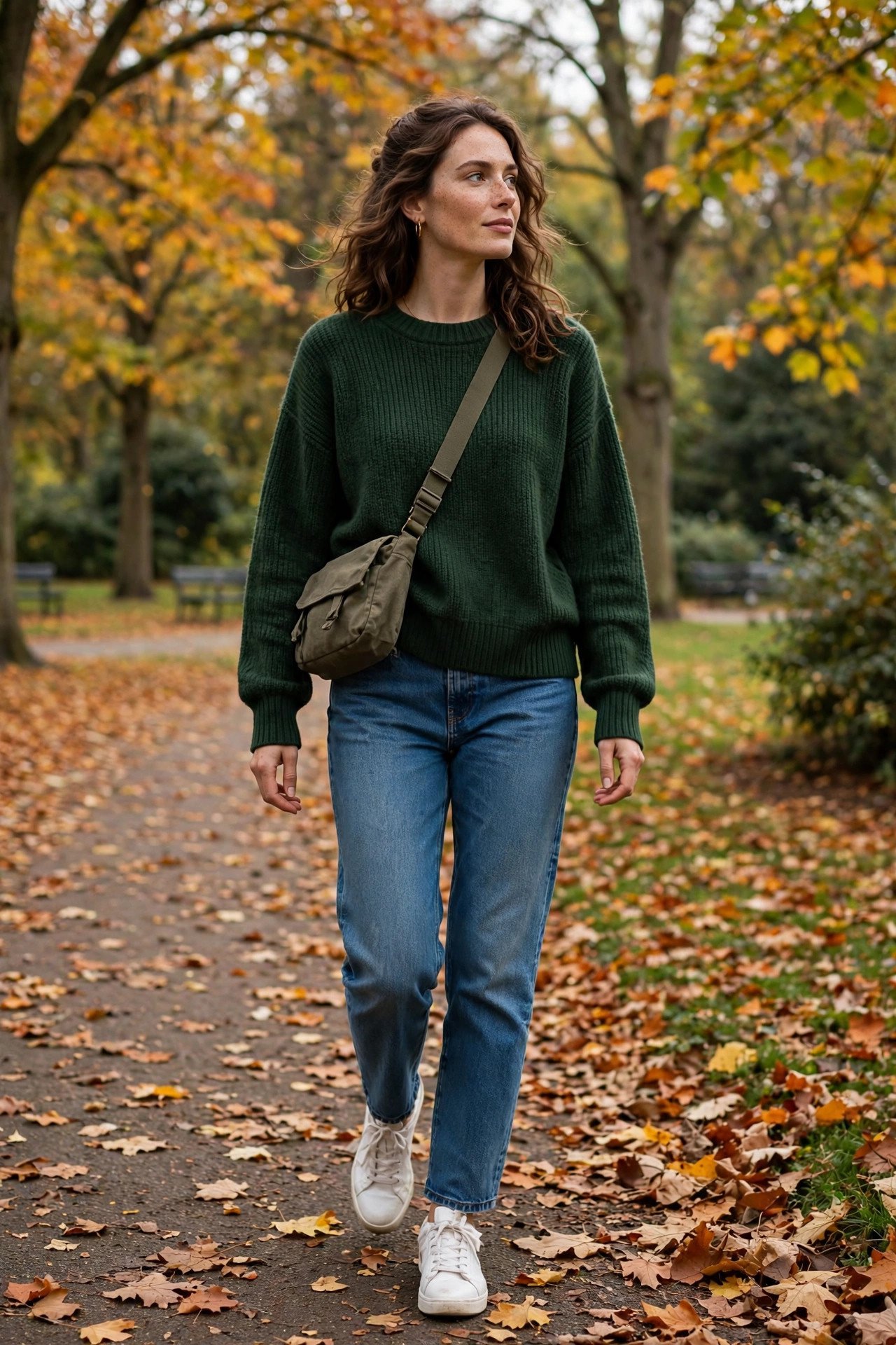 Woman in pine green sweater walking in a park