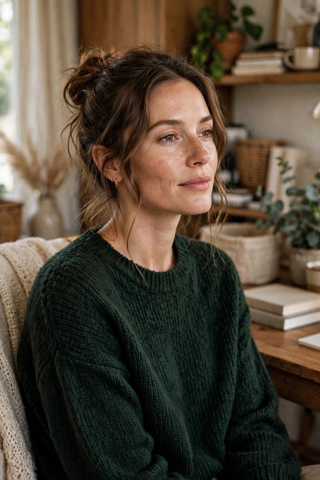 Woman in bottle green sweater indoors