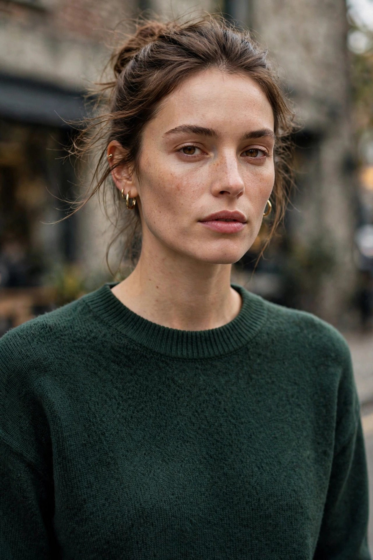 Woman in classic evergreen crewneck sweater