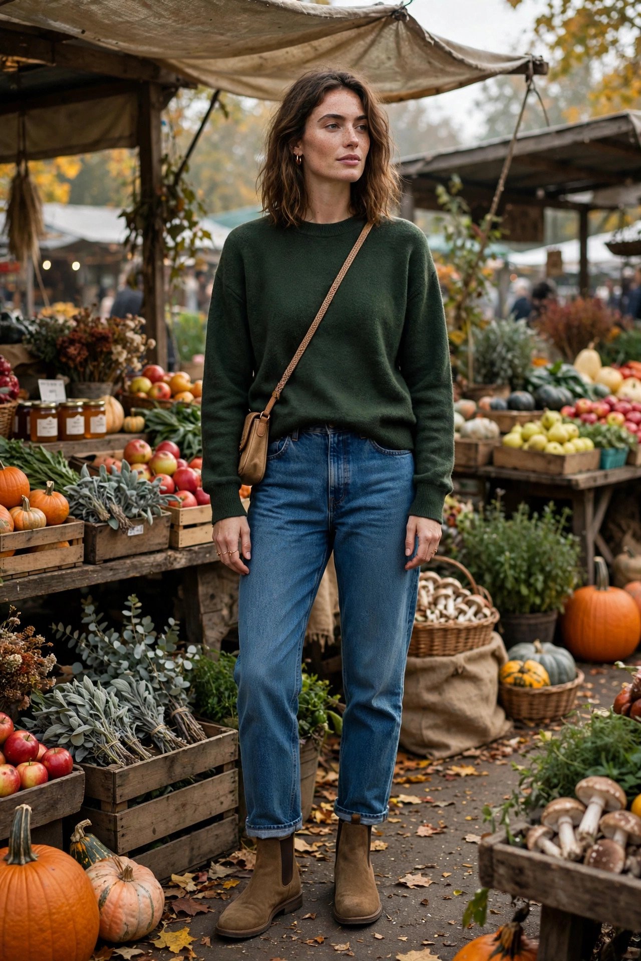 Woman in deep moss green pullover