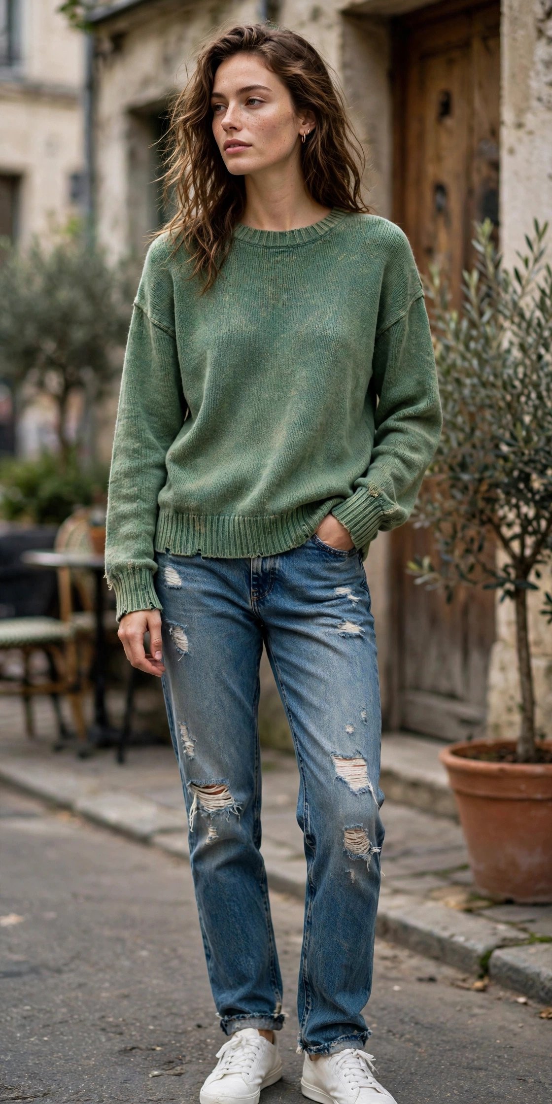 Woman in vintage-wash green knit with denim