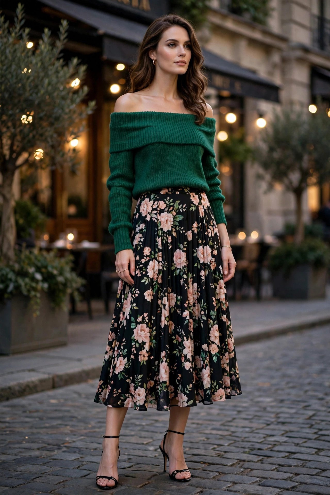 Woman in green off-shoulder top with floral skirt