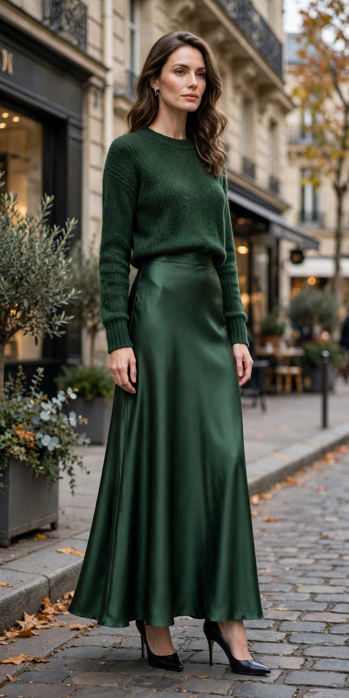 Elegant woman in green dress holding a book