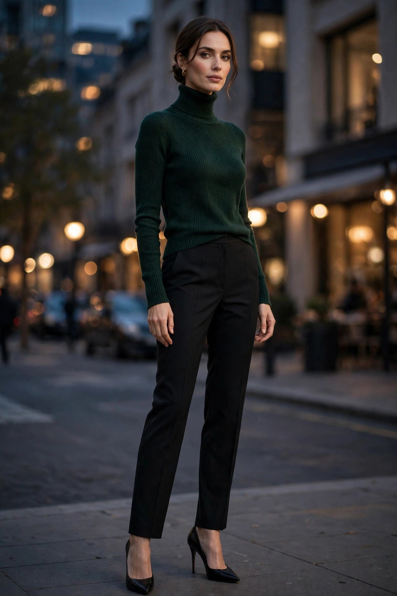 Woman in bottle green turtleneck
