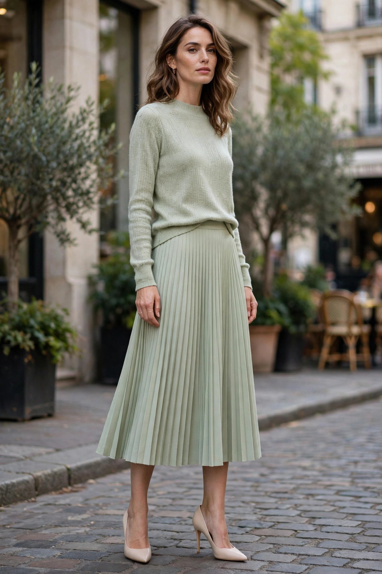 Woman in green top and skirt walking