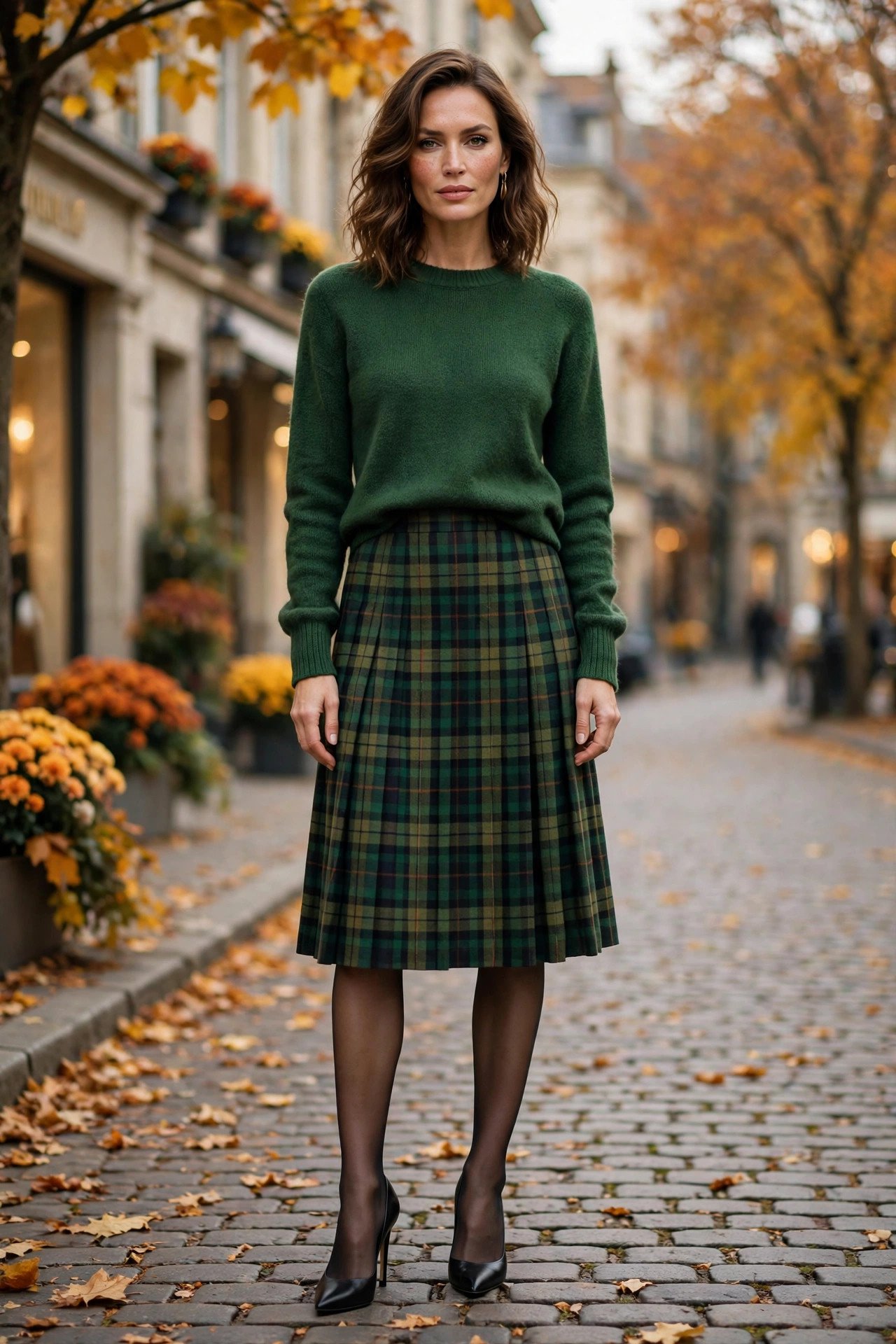Woman in green sweater with green plaid skirt in a park