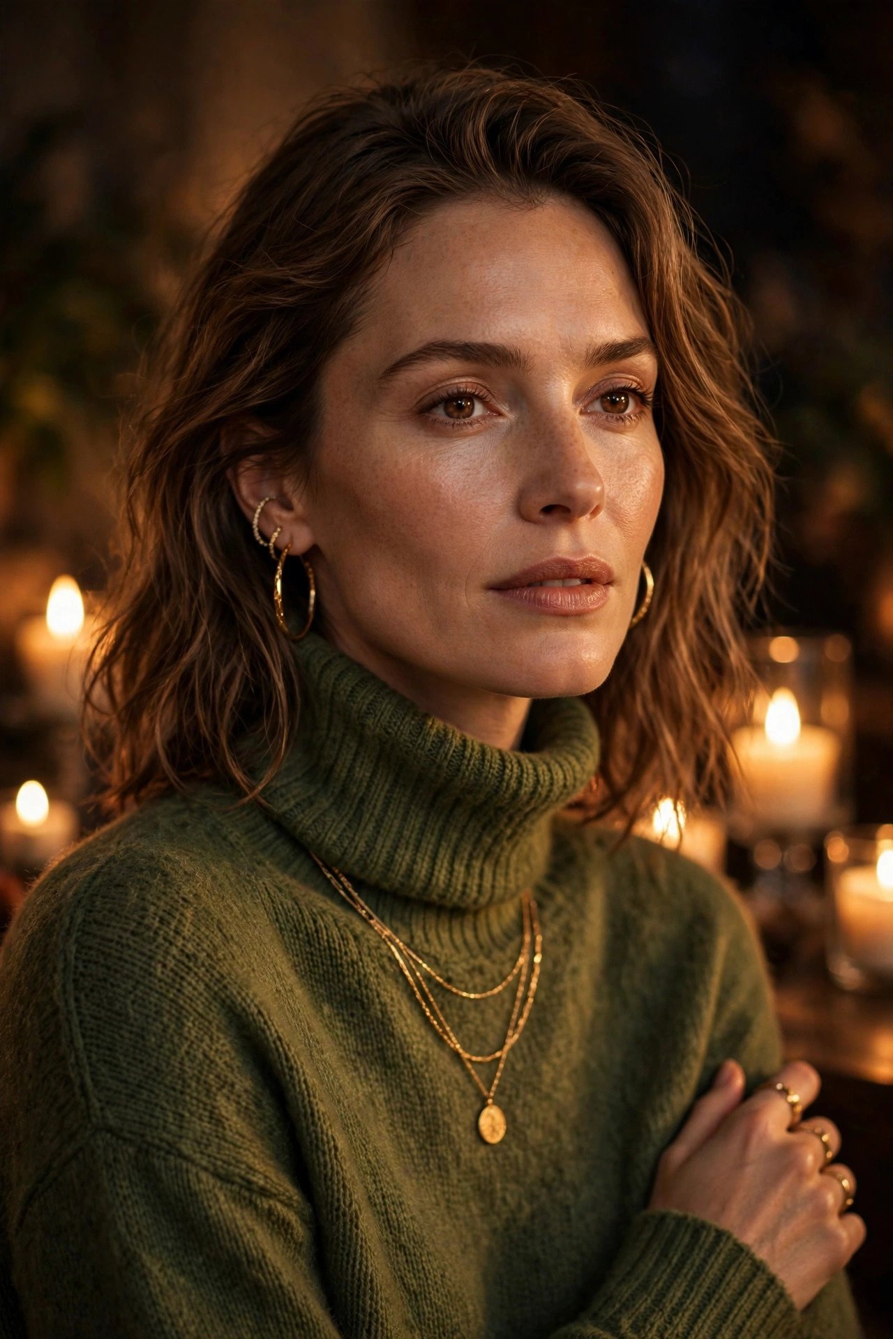 Woman in moss green turtleneck outdoors
