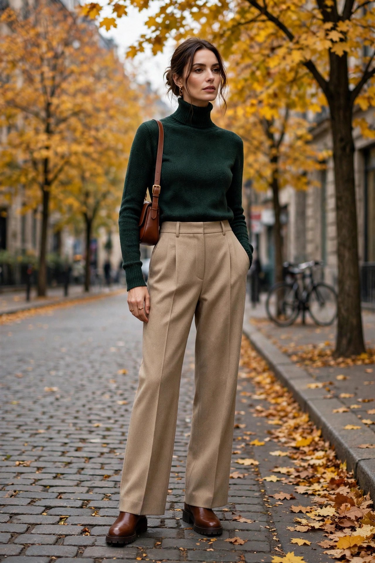 Woman in forest green turtleneck in the city in fall