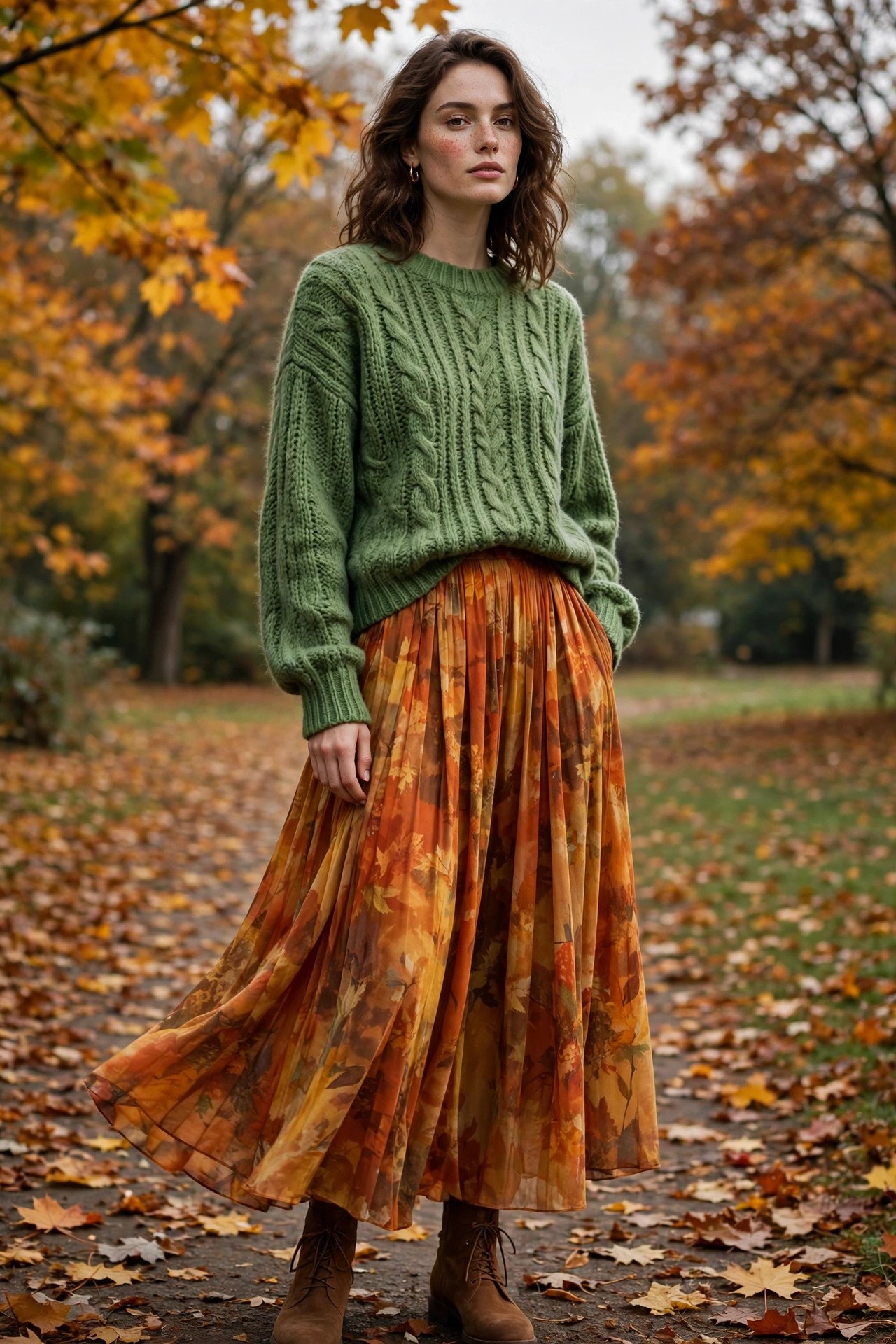 Woman in green sweater with flowing skirt in autumn forest