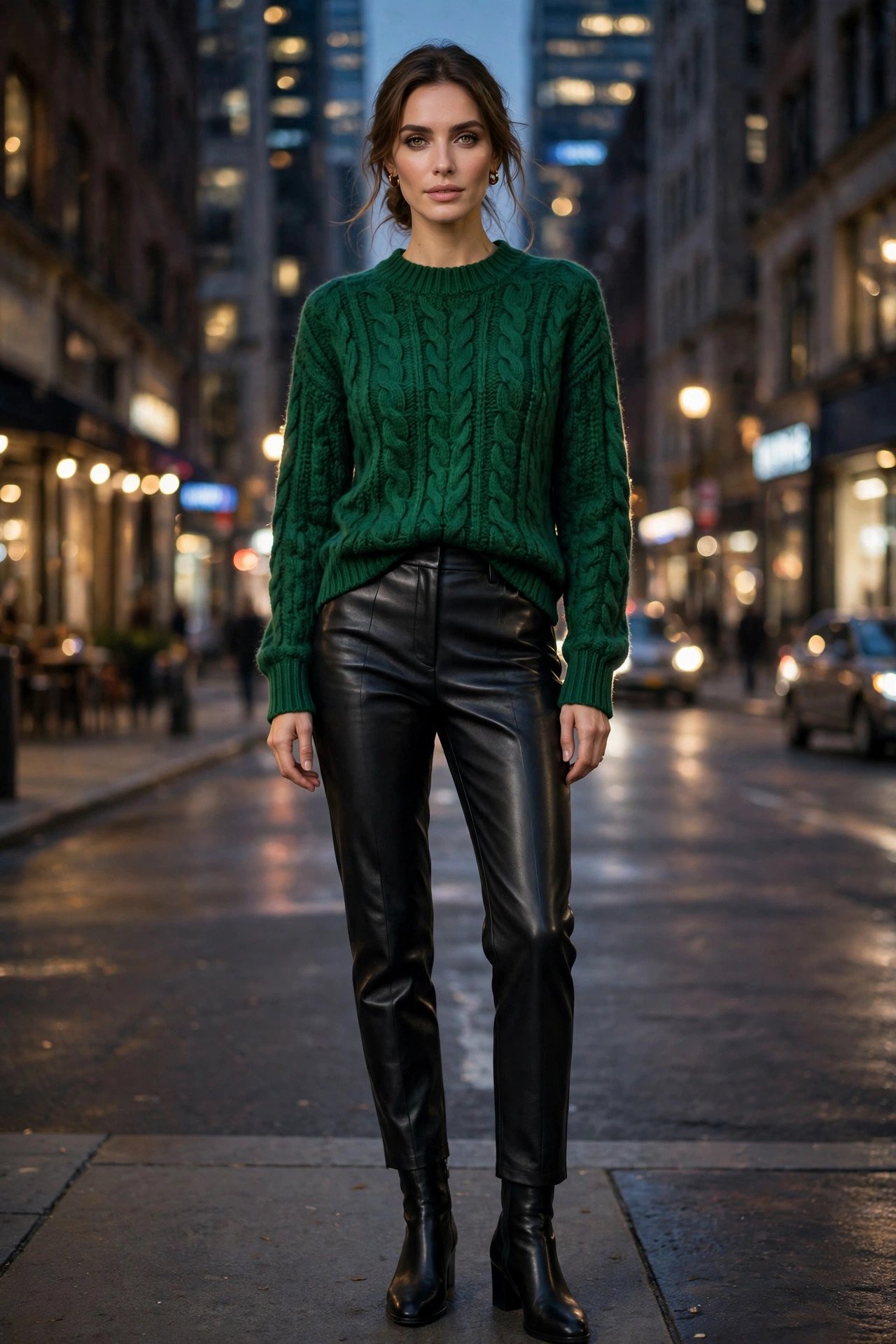 Woman in emerald green sweater, city street style