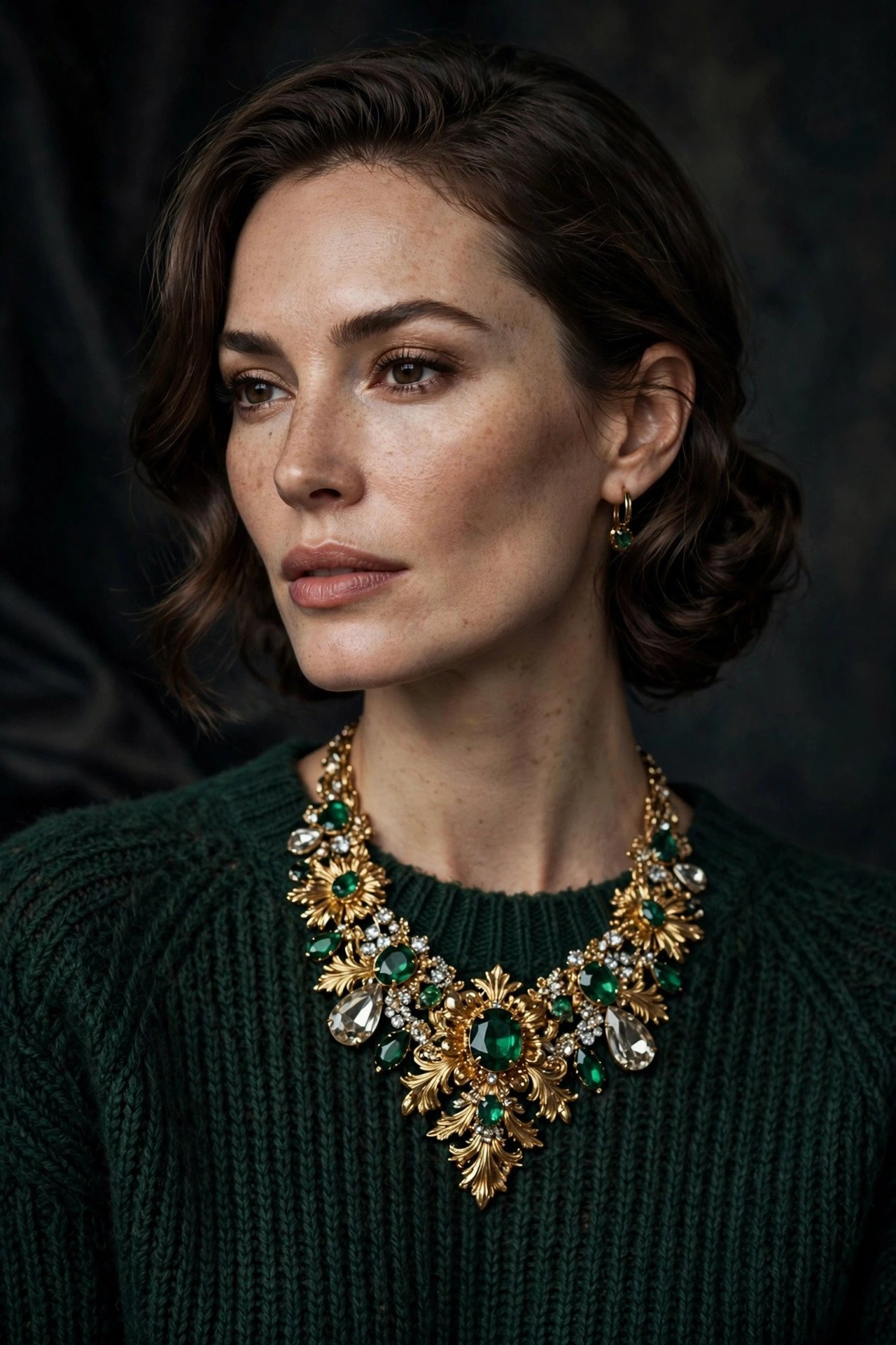 Woman in deep green sweater with jewelry