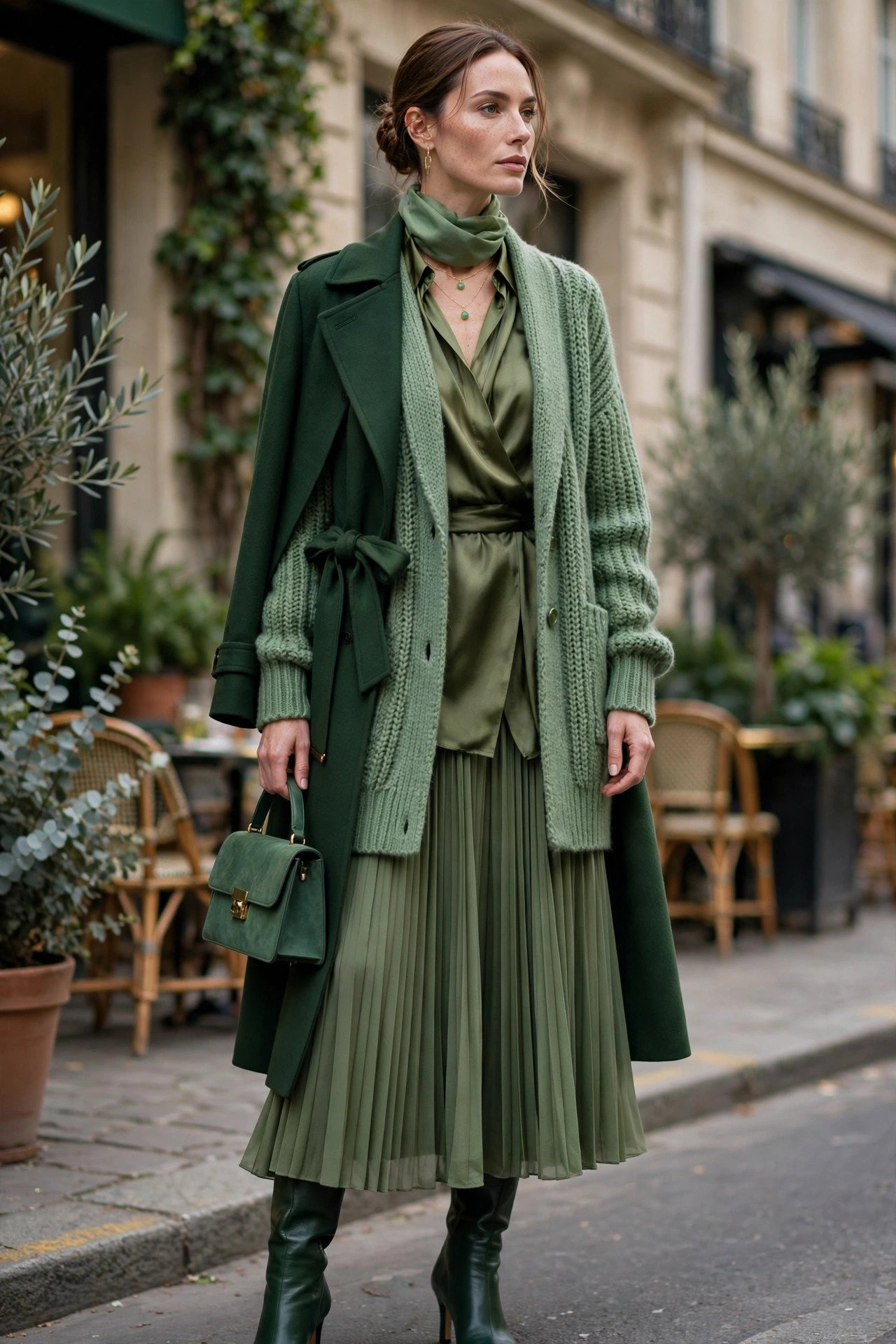 Woman in tonal green outfit in a park