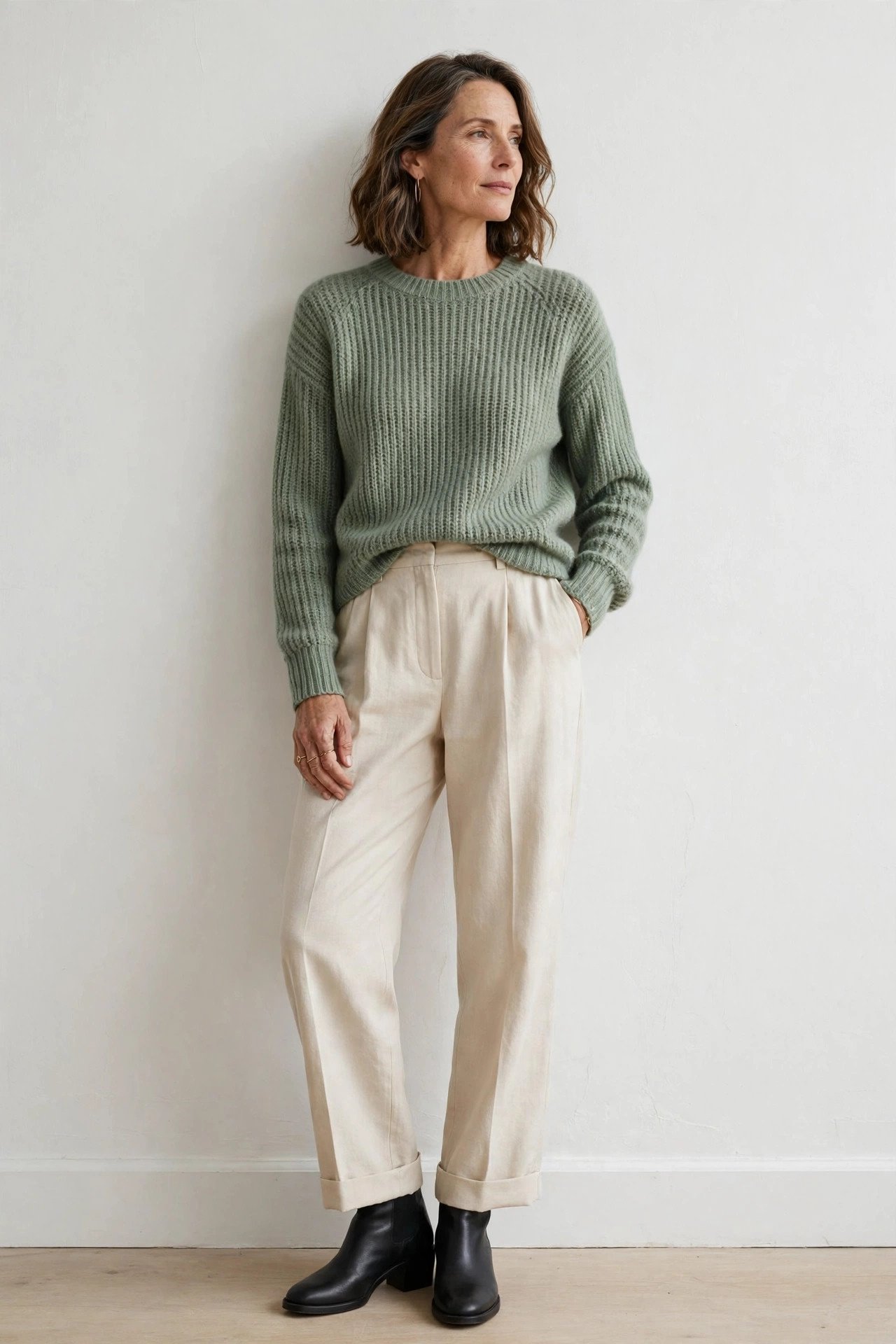 Woman in sage green knitted sweater by white wall