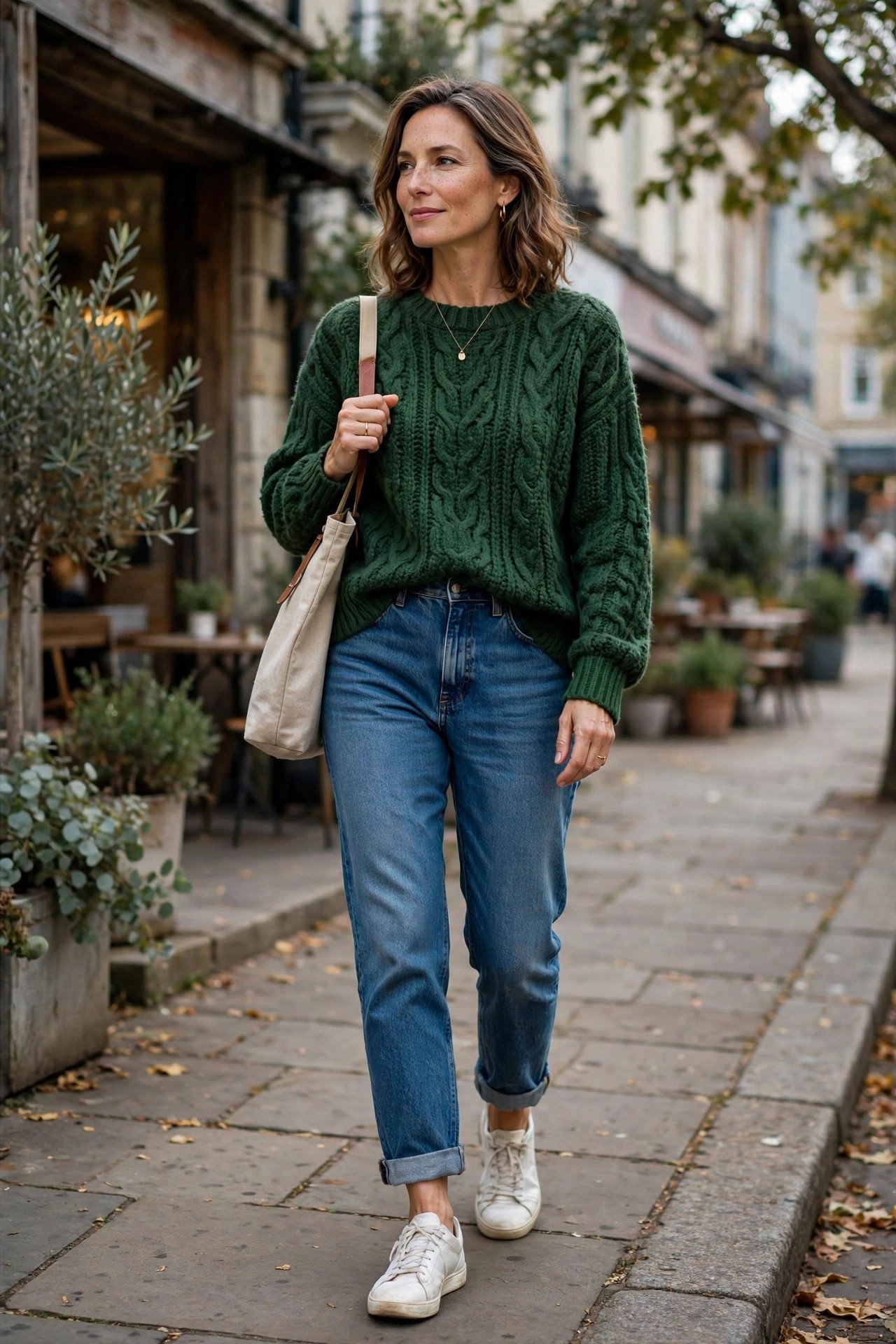 Woman in deep green sweater relaxing